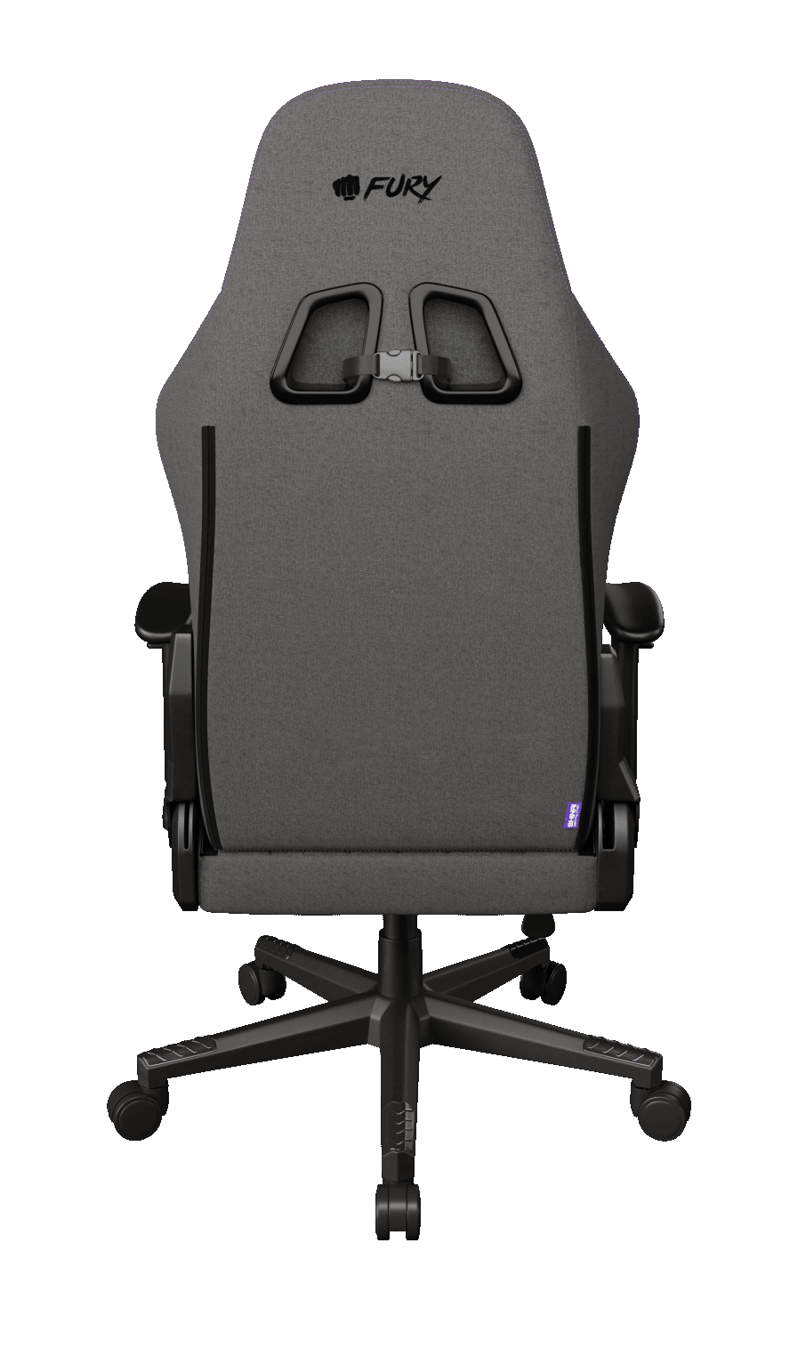 Szary fotel gamingowy z czarnymi akcentami. Oparcie posiada logo i dwa otwory. Krzesło stoi na czarnej podstawie.