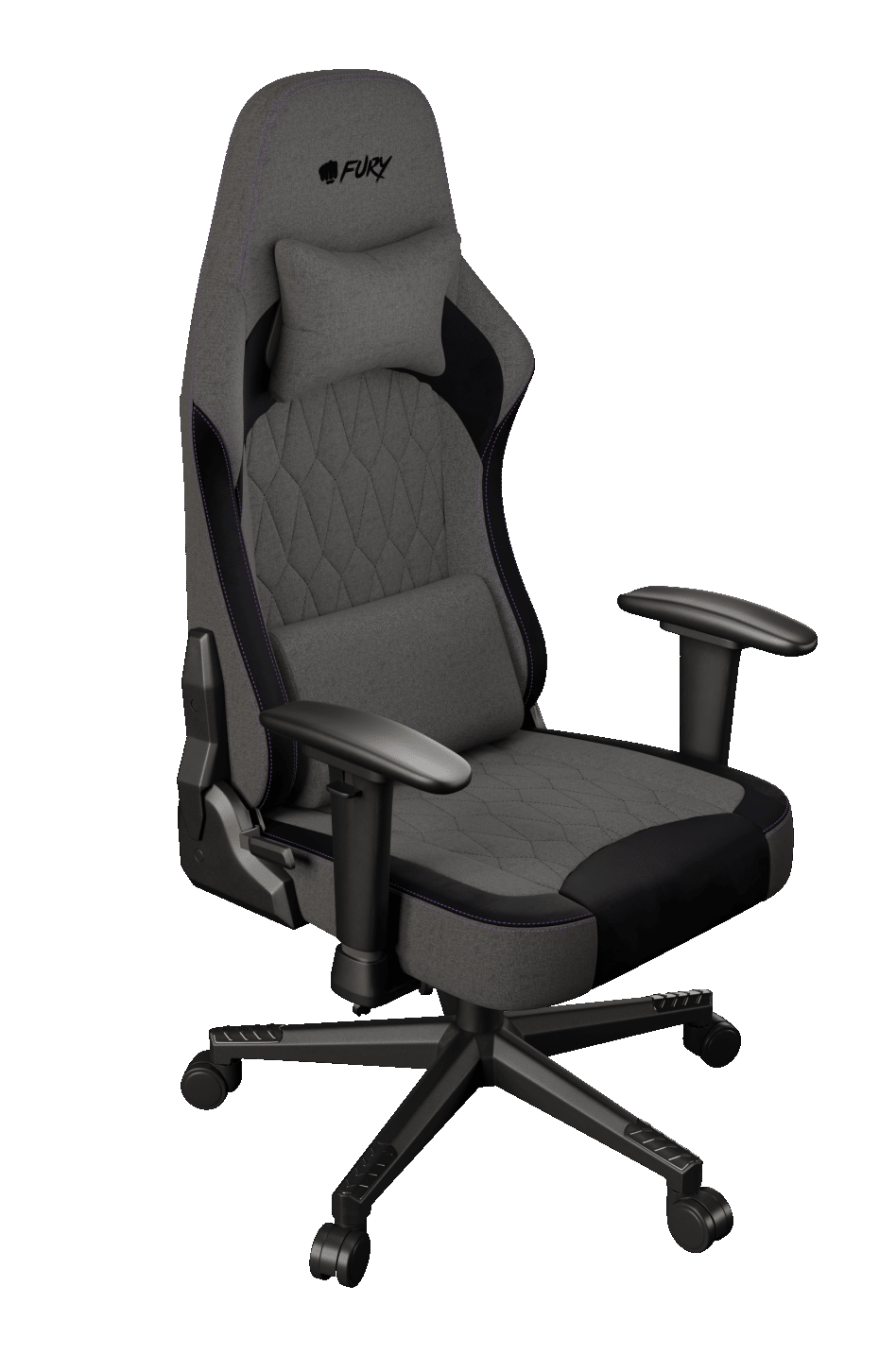 Szary i czarny fotel gamingowy z zagłówkiem, podłokietnikami i pięcioramienną podstawą z kółkami. Krzesło ma logo FURY.