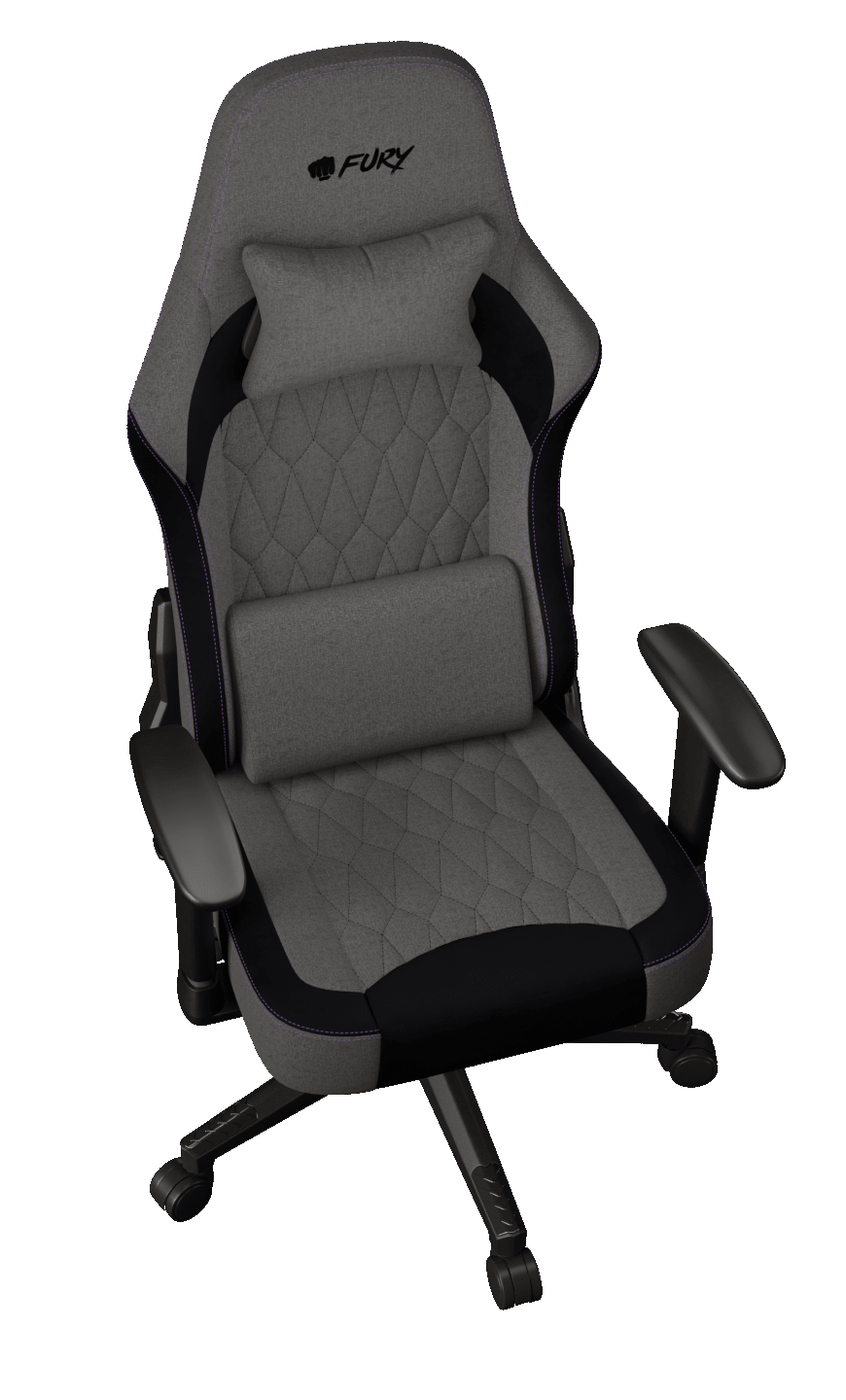 Krzesło gamingowe. Szara tkanina z czarnymi akcentami, fioletowymi szwami i logo Fury. Zawiera zagłówek i podparcie lędźwi, na czarnej podstawie.
