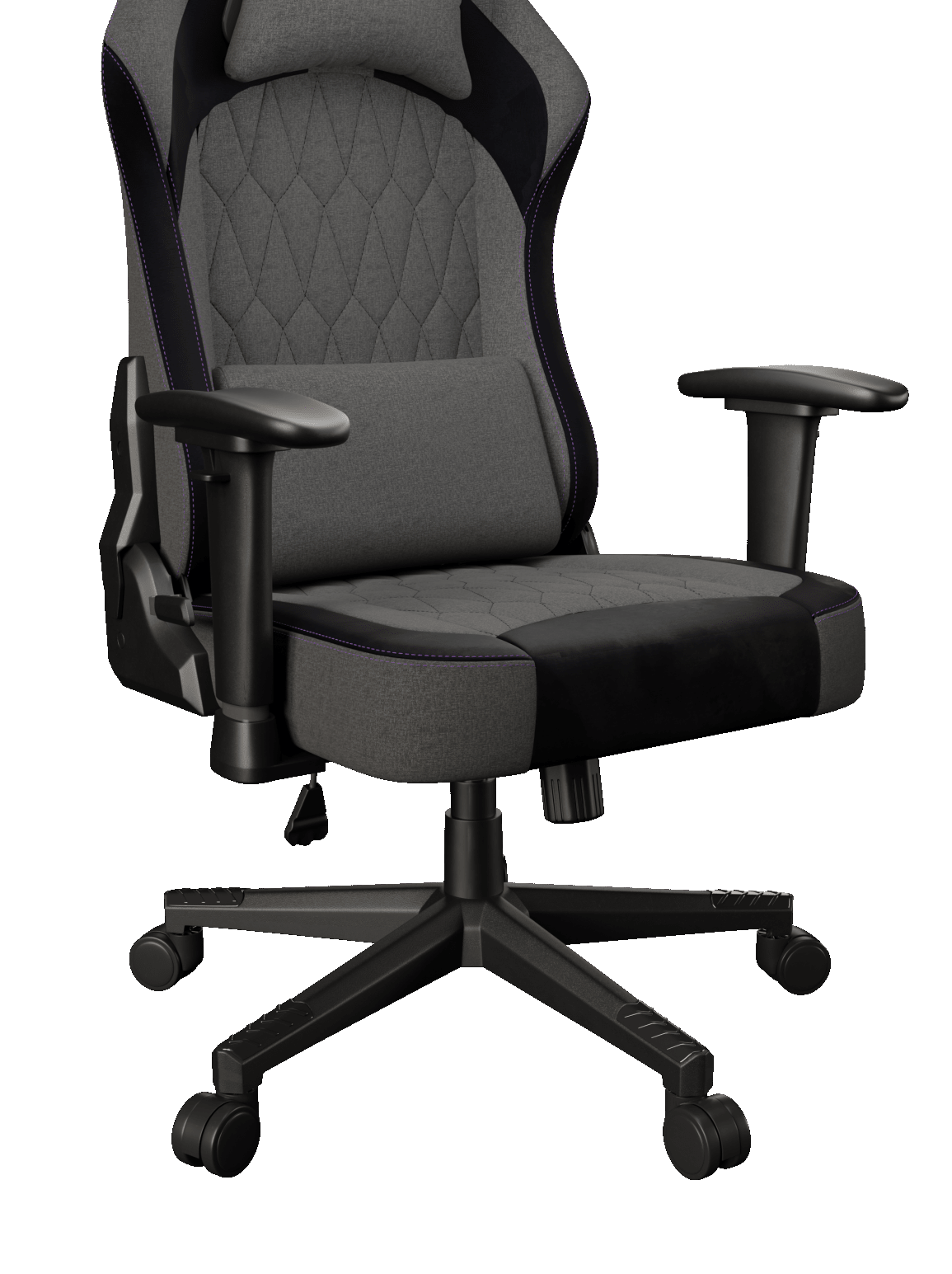 Szaro-czarny fotel gamingowy. Ma zagłówek, oparcie, podłokietniki i podstawę na pięciu kółkach. Tło jest czarne.