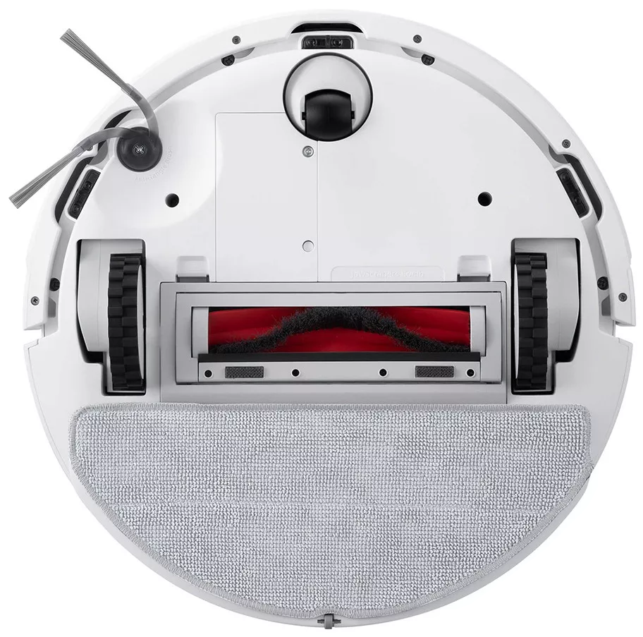 Fehér robotporszívó, kör alakú, kefével, kerekekkel és mikroszálas betéttel. Piros kefe középen. Szürke részletek.