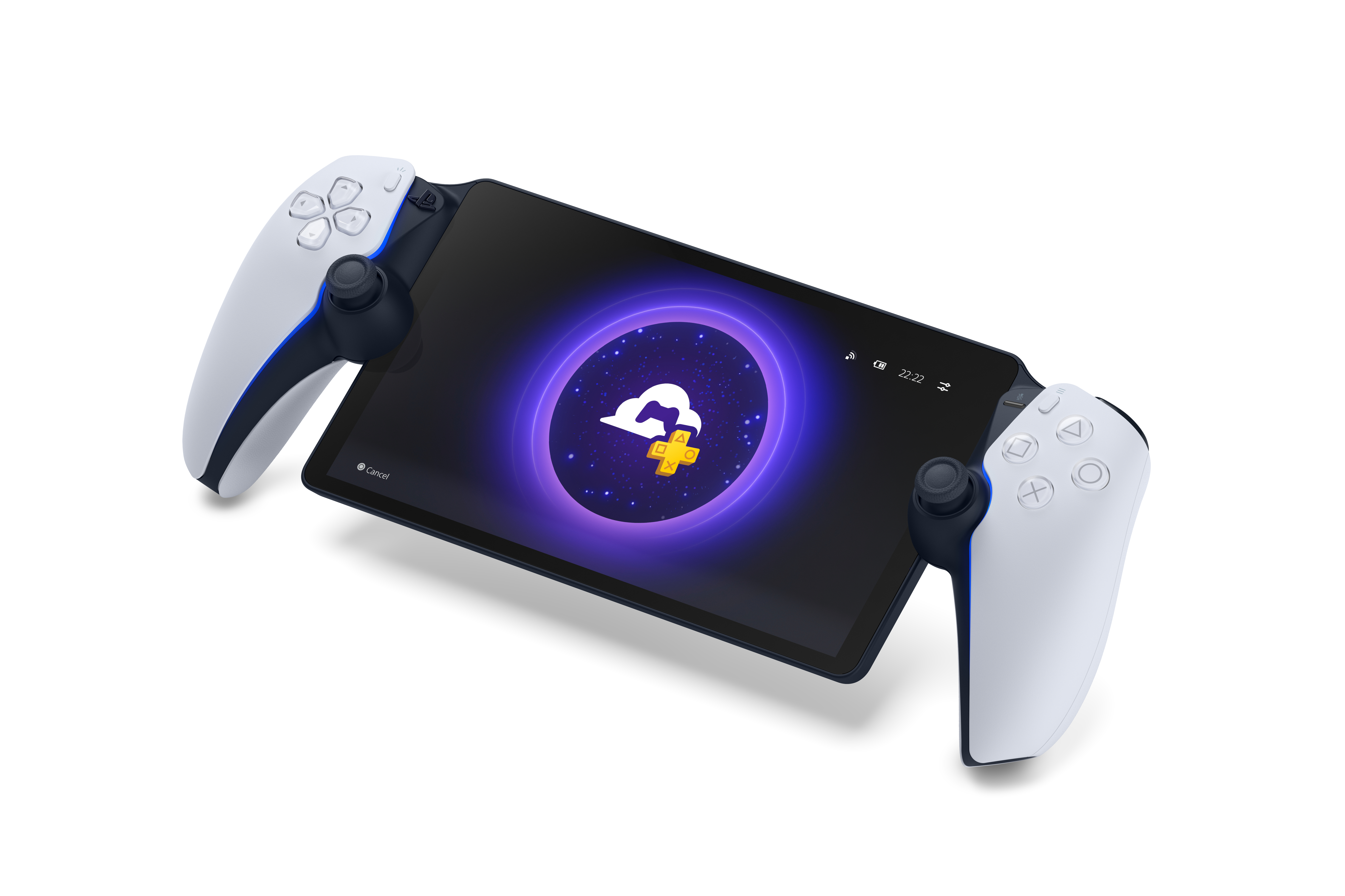 Ein PlayStation-Controller, der ein Tablet mit einem Wolkensymbol vor violettem Hintergrund und weißem Hintergrund hält.