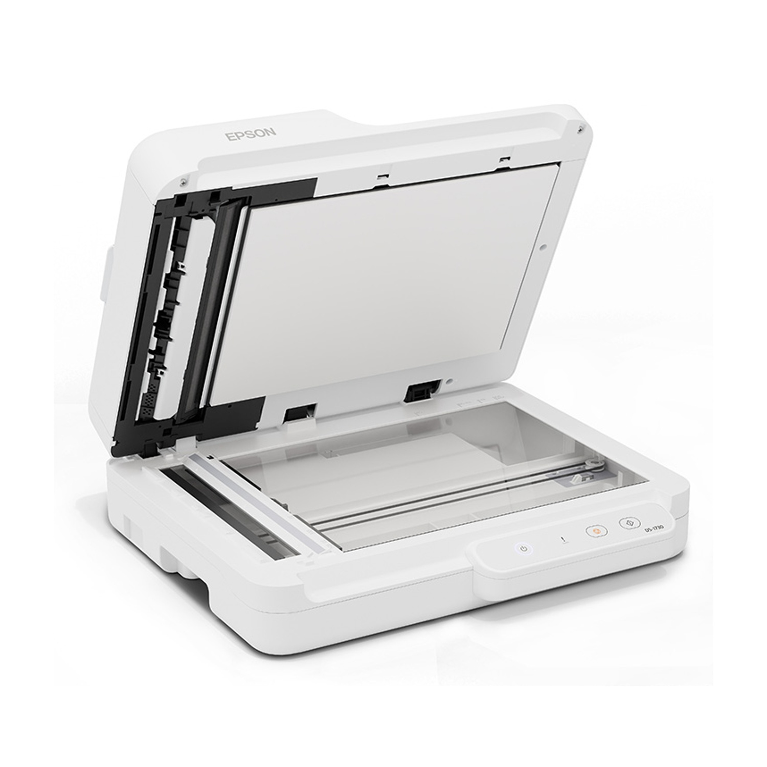 Uno scanner Epson bianco, aperto. Il coperchio superiore è sollevato, rivelando una superficie di scansione in vetro. Pulsanti di controllo a destra.