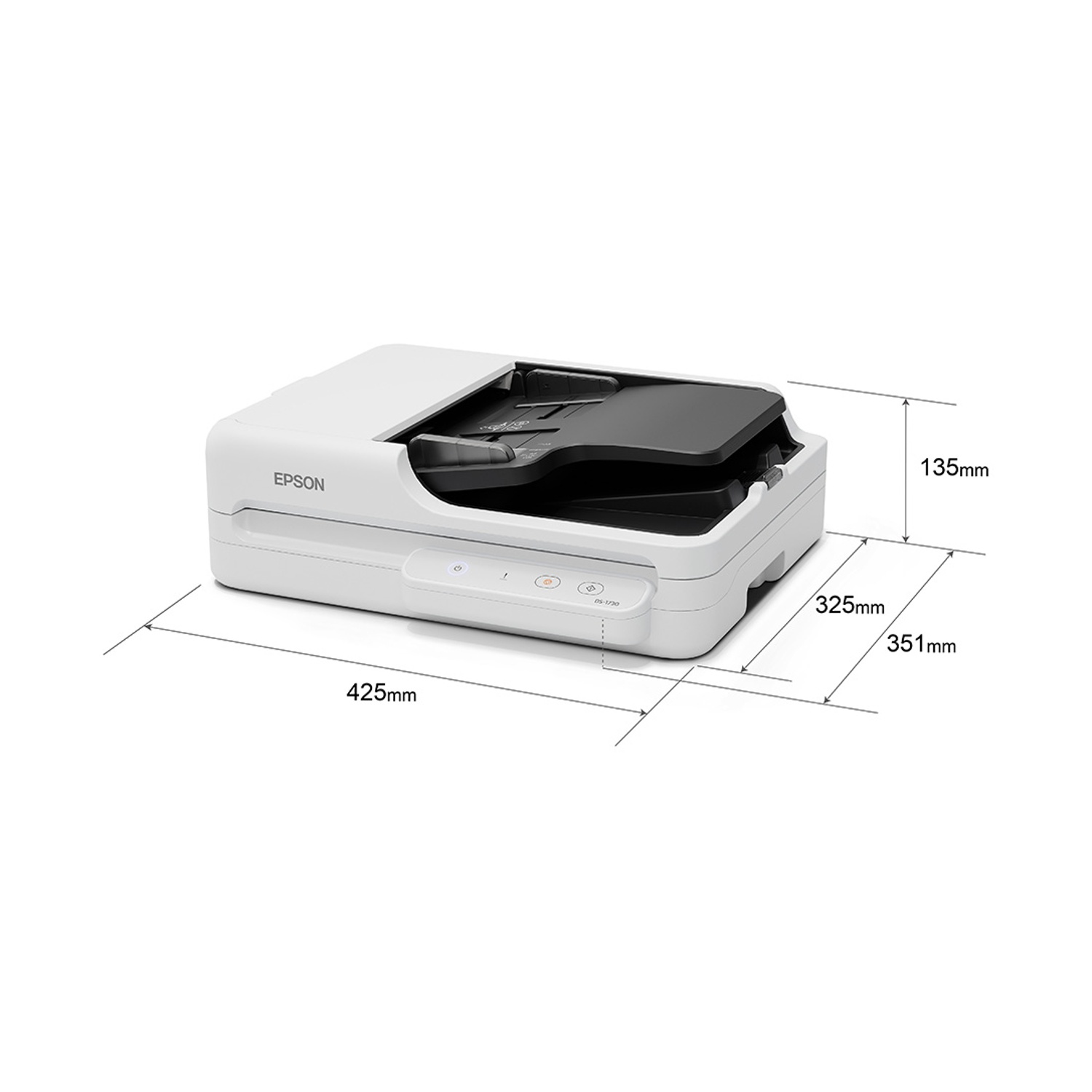 Scanner Epson bianco con coperchio nero aperto. Dimensioni: 425mm x 351mm x 325mm x 135mm. Il marchio è visibile.