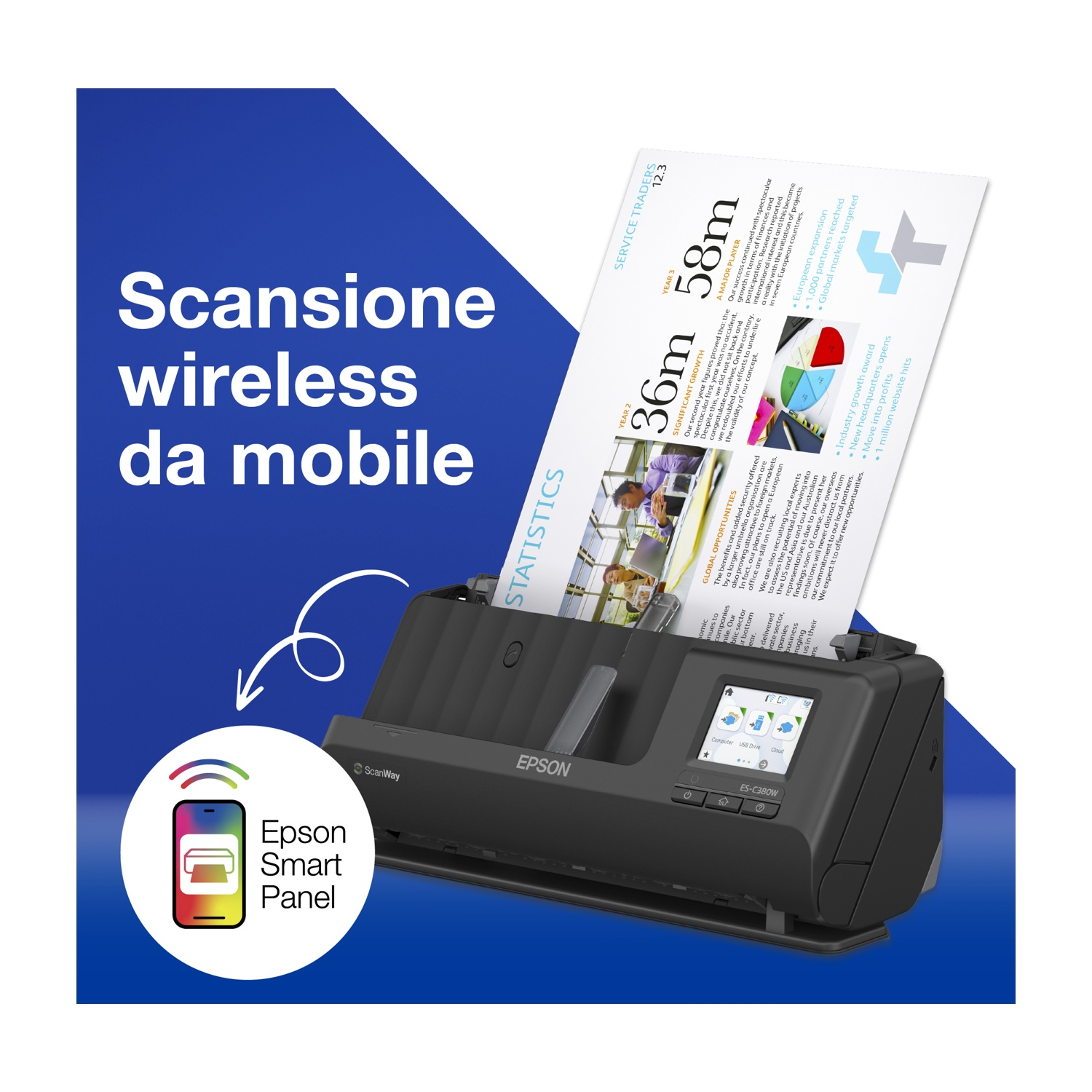 Uno scanner Epson con un documento all'interno, un'icona del telefono e testo italiano su sfondo blu.