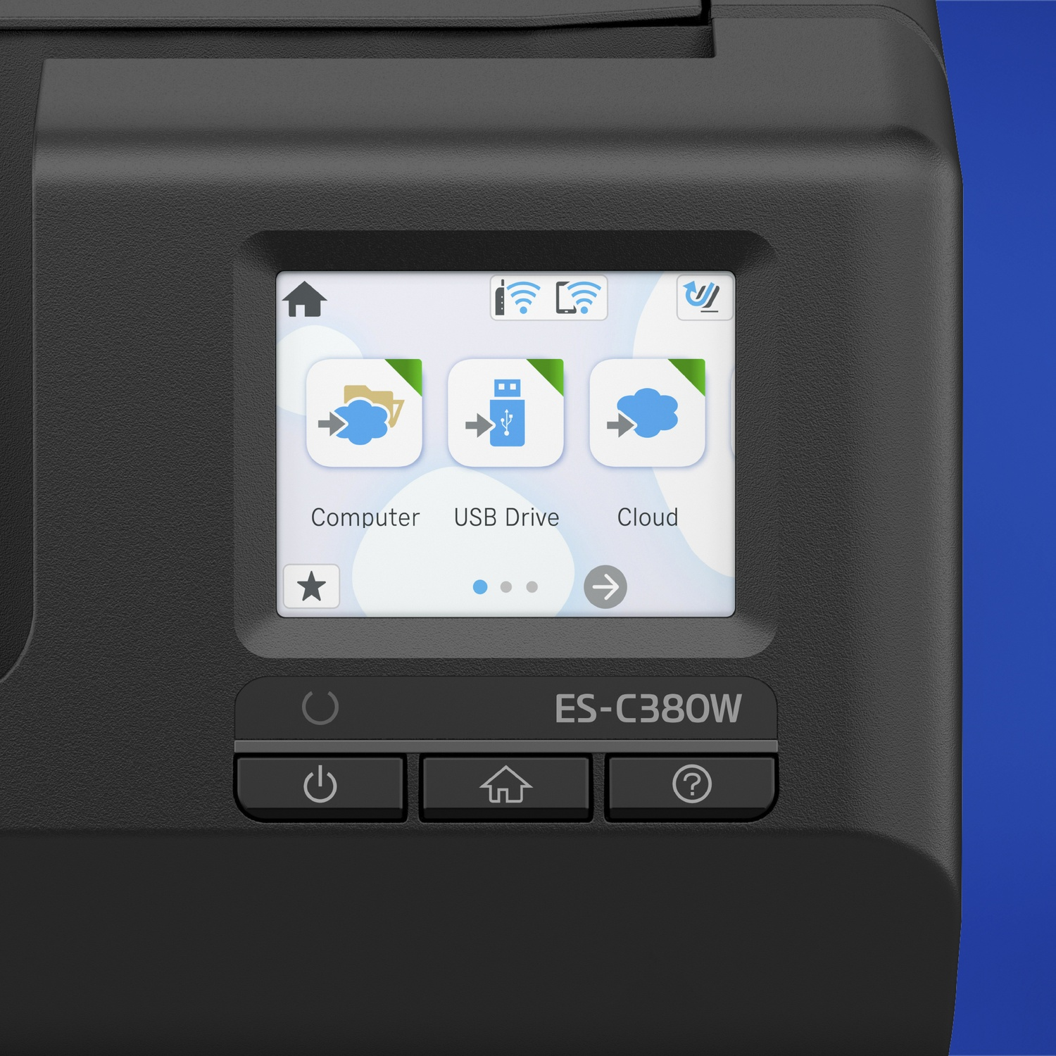 Primo piano del display di una stampante che mostra le opzioni per computer, unità USB e archiviazione cloud. Sono visibili i pulsanti di accensione, home e aiuto.