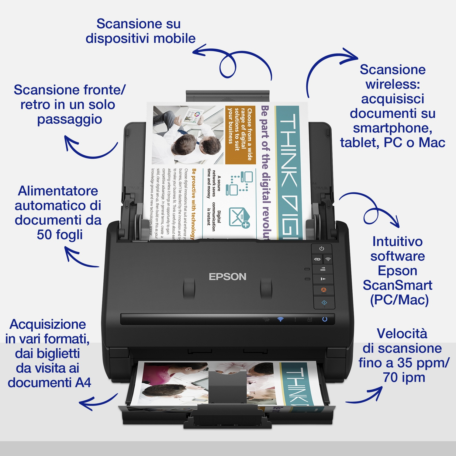 Scanner Epson nero con carta e testo in italiano che descrive le sue caratteristiche, come la scansione wireless.