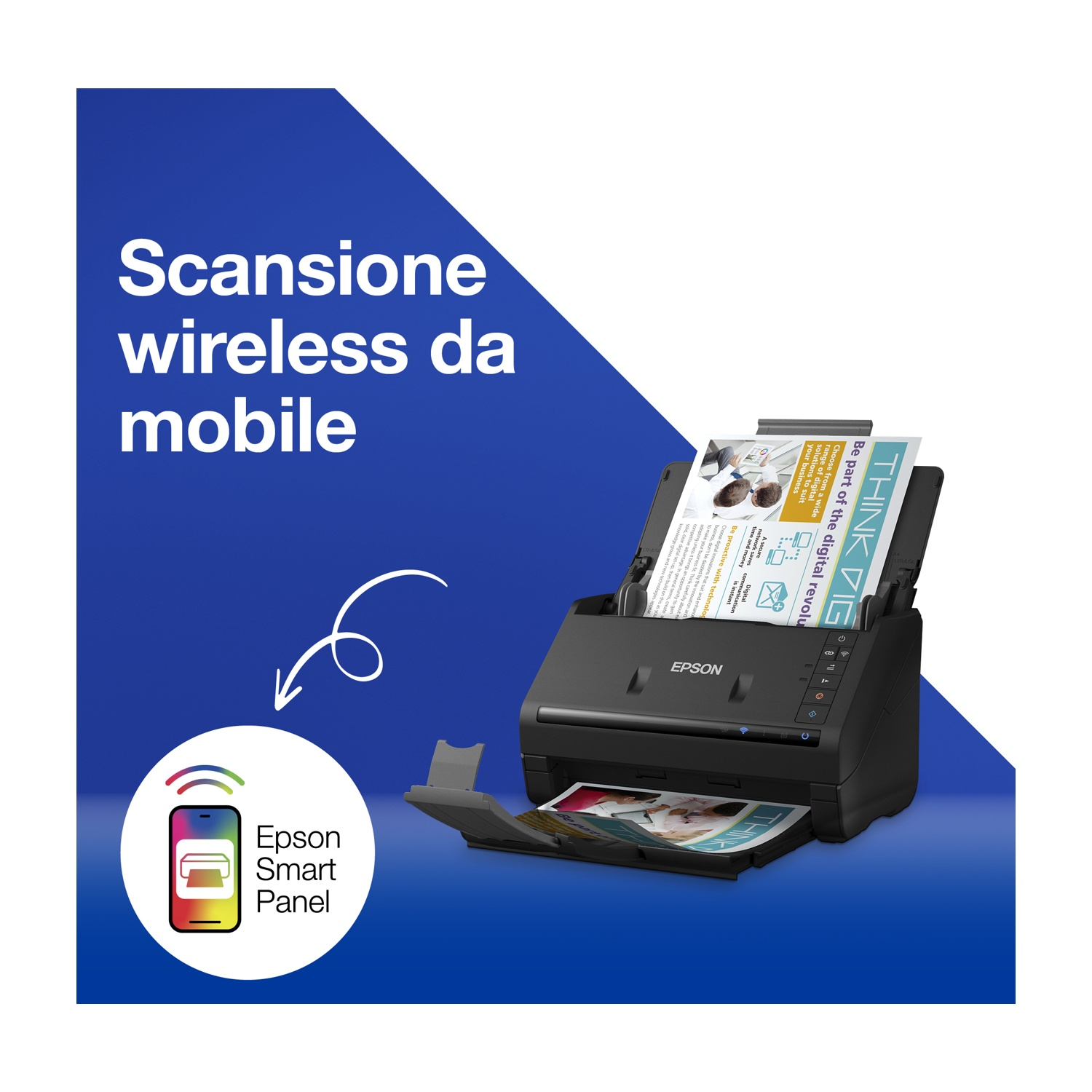 Uno scanner Epson nero è aperto, scansiona un documento. Un'icona del telefono mostra Epson Smart Panel.