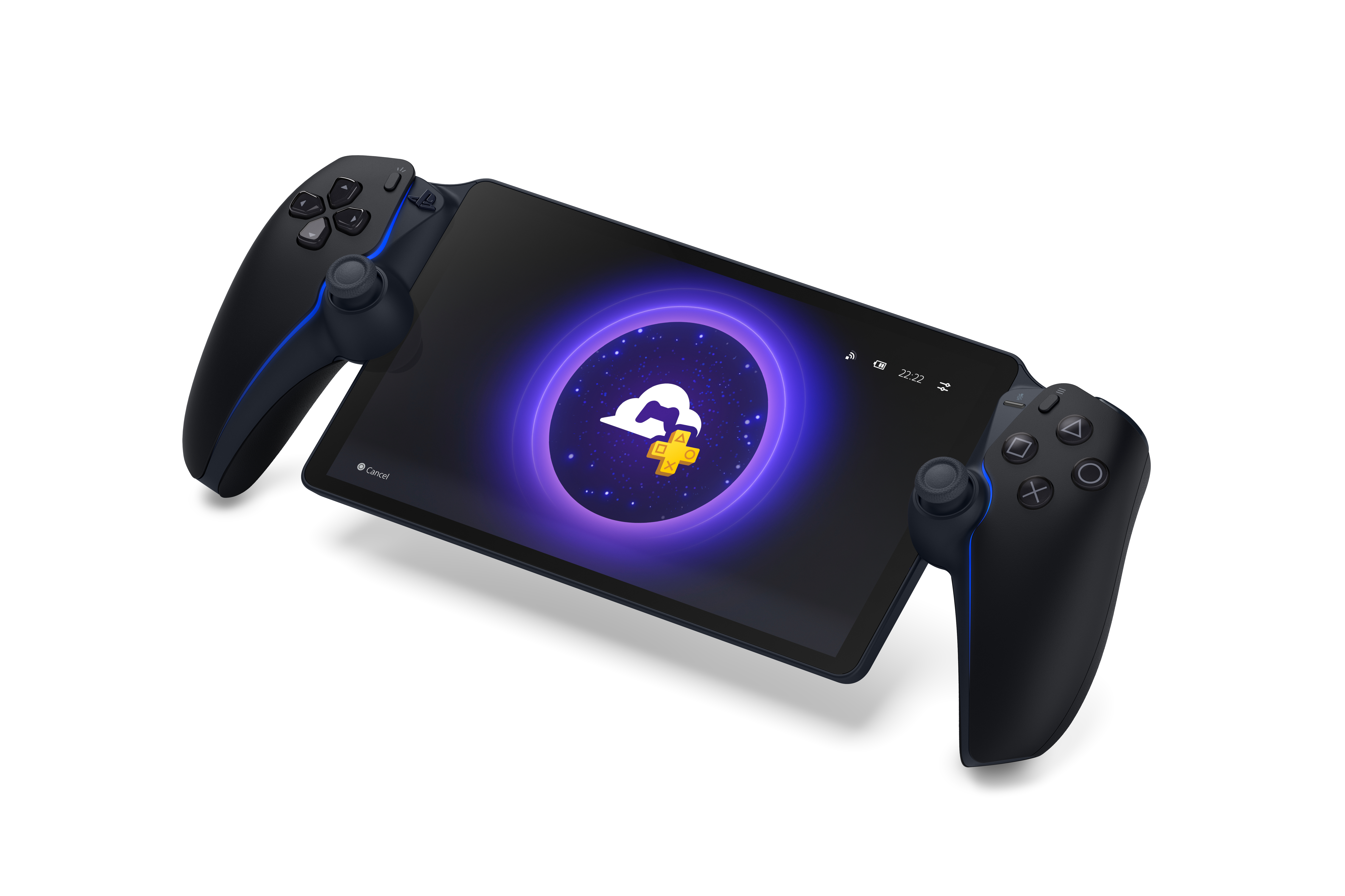 Ein schwarzes Tablet mit angeschlossenen Controllern liegt auf einer weißen Oberfläche. Der Bildschirm zeigt ein Wolkensymbol mit Plus.