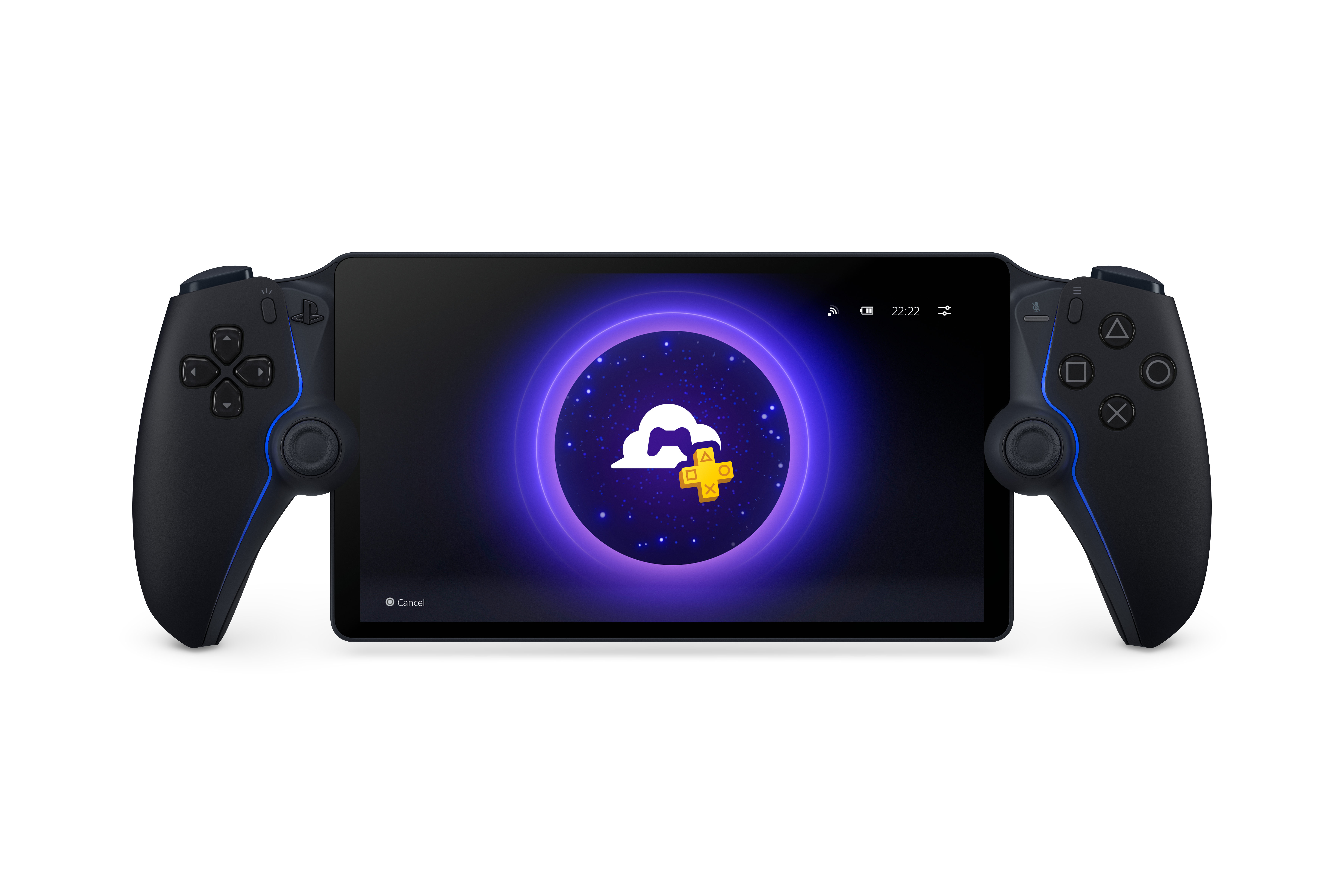 Schwarzes PlayStation Portal Handheld-Gerät. Der Bildschirm zeigt ein Wolkensymbol mit einem PlayStation Plus Logo.