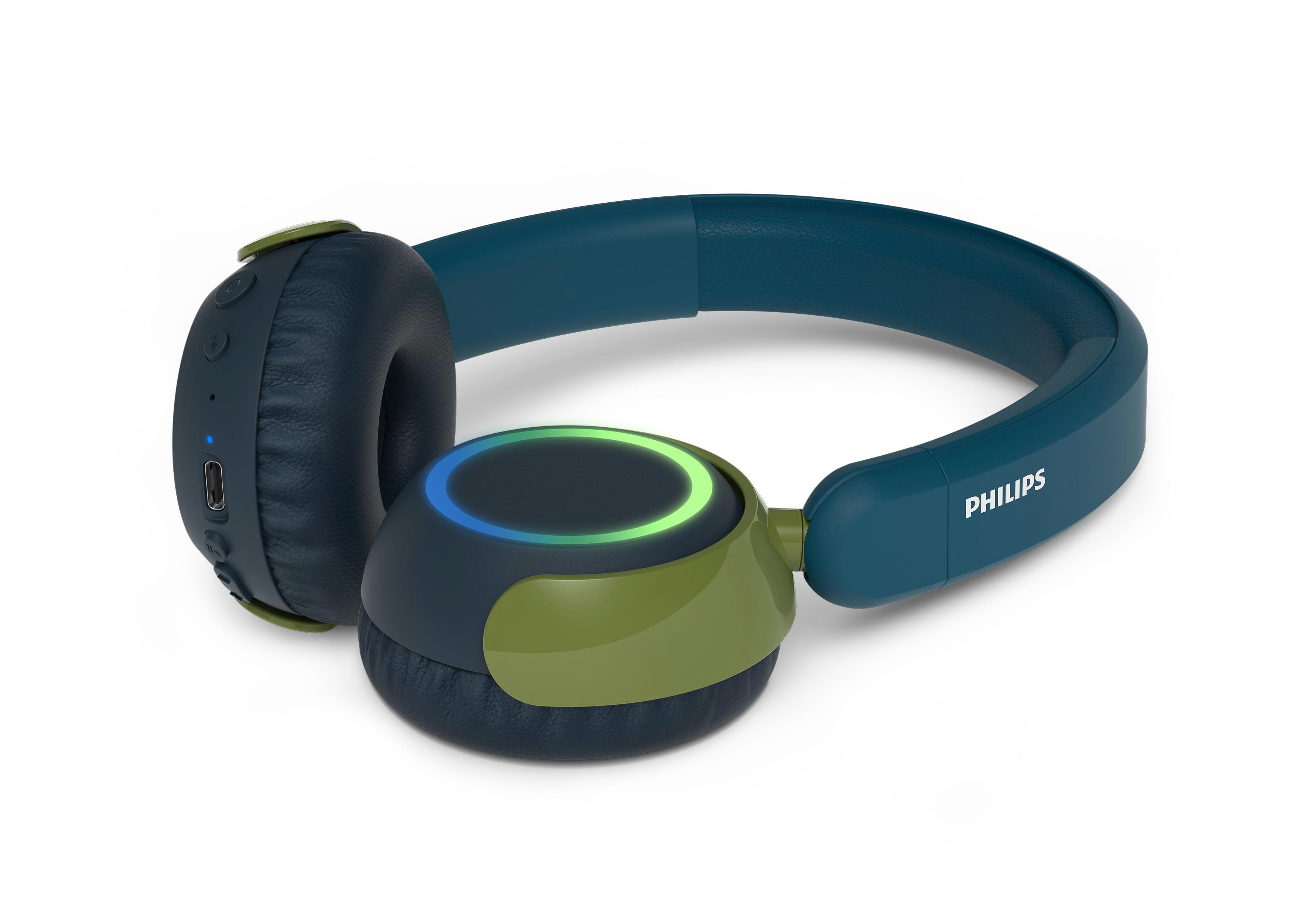Blaue und grüne Philips-Kopfhörer auf weißem Hintergrund. Die Ohrmuscheln sind dunkelblau mit grünen Akzenten.