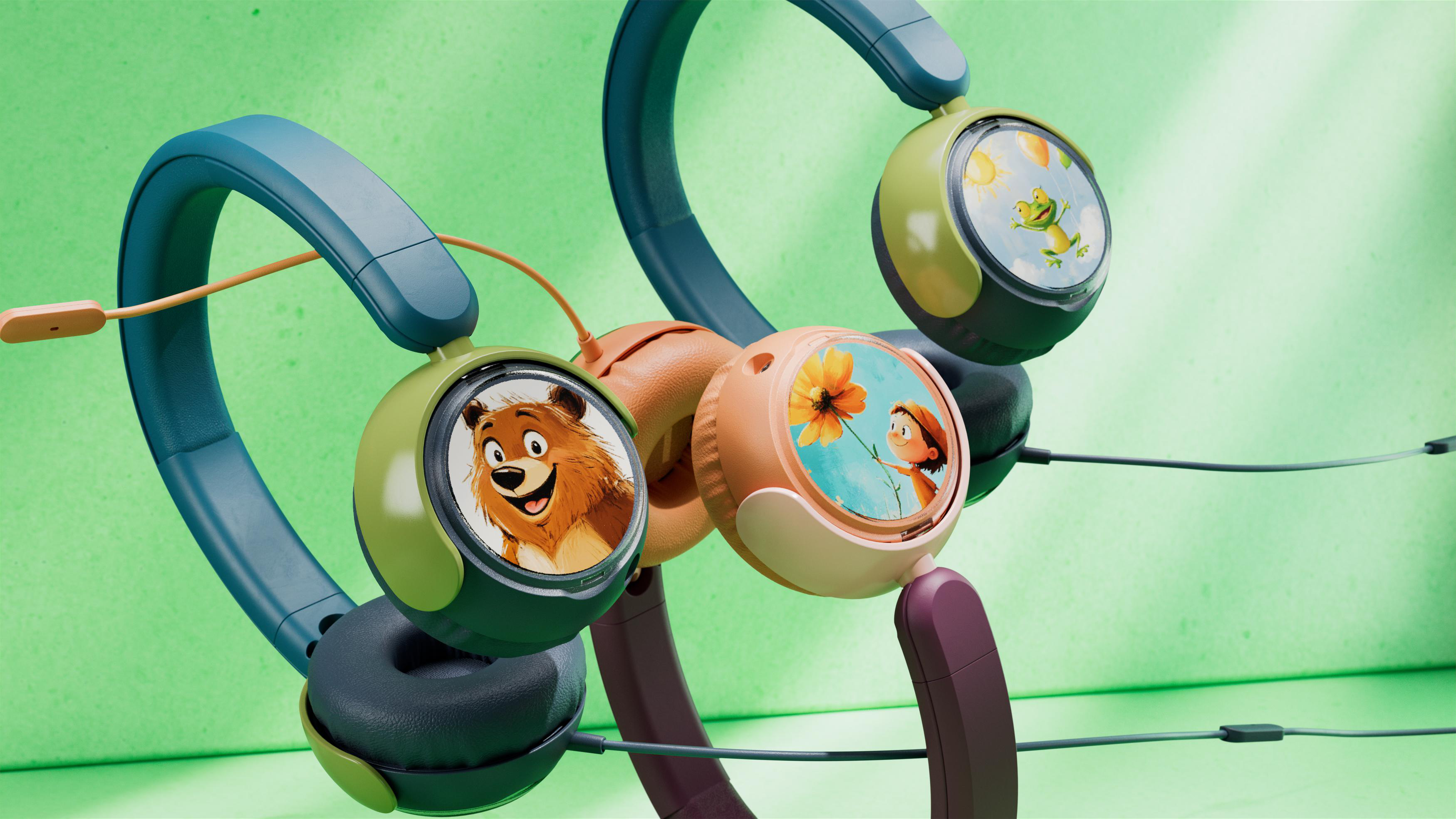 Mehrere bunte Kinderkopfhörer mit Cartoon-Bildern auf den Ohrmuscheln. Der Hintergrund ist hellgrün.