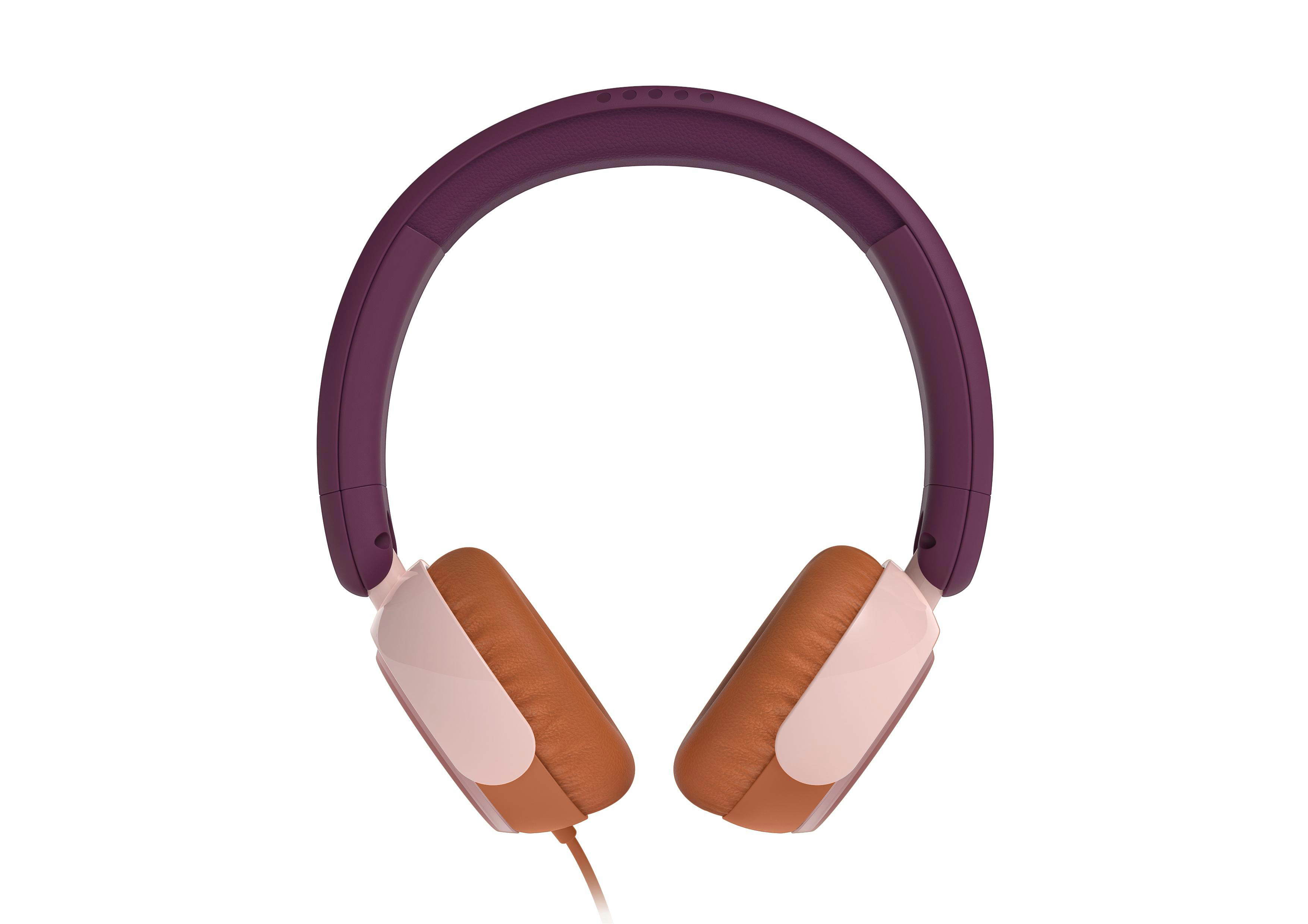 Kopfhörer mit lila Bügel, rosa und braunen Ohrmuscheln vor weißem Hintergrund.