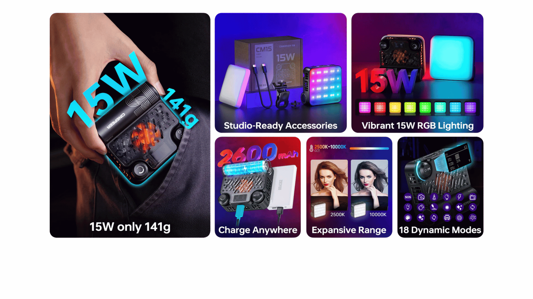 15W LED ışık, aksesuarlar, RGB aydınlatma seçenekleri ve şarj özellikleri, 18 dinamik mod ile gösteren bir görüntü.