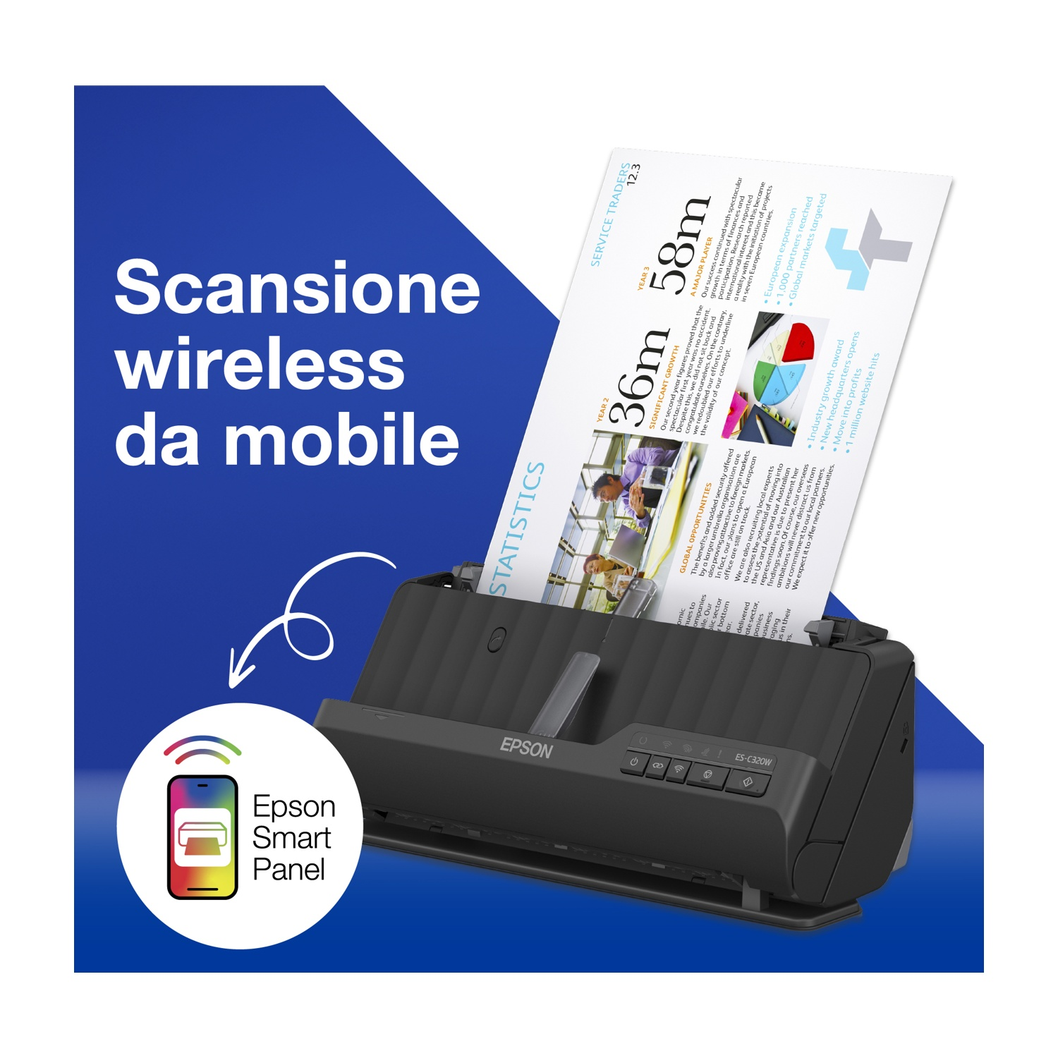 Uno scanner Epson nero è mostrato con un telefono e testo sulla scansione wireless. Un documento è nello scanner.