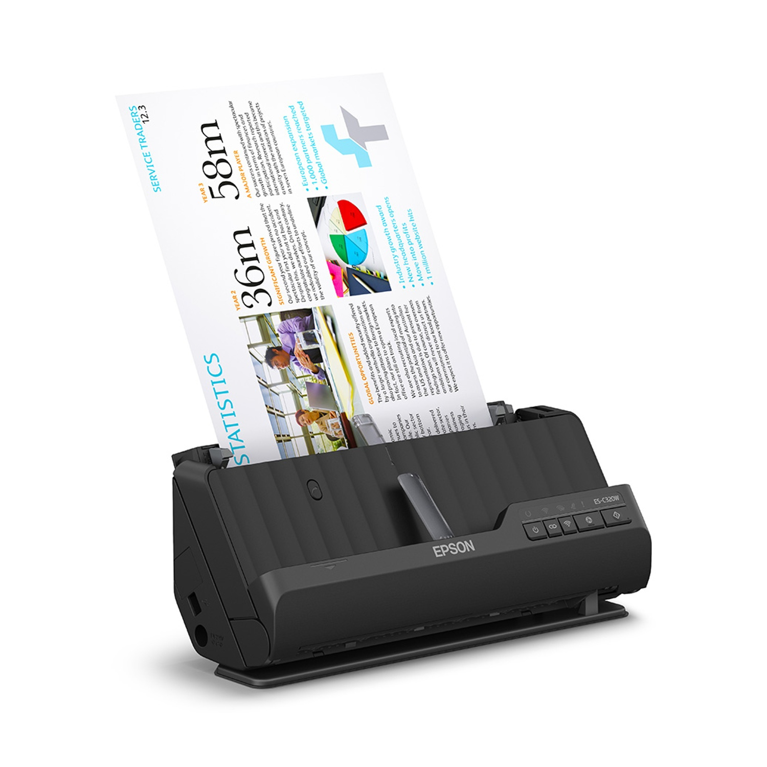 Uno scanner Epson nero sta scansionando un documento con informazioni statistiche.