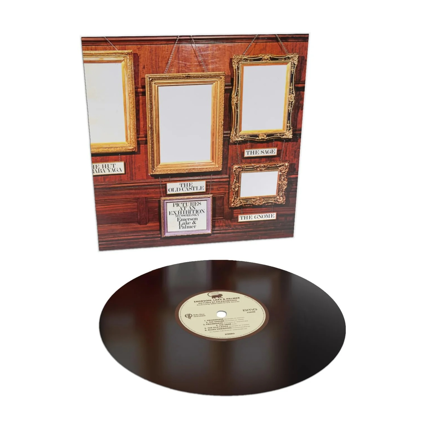 Un disco in vinile è davanti a un poster di quadri incorniciati. Il poster ha etichette come 'The Sage' e 'The Old Castle'.