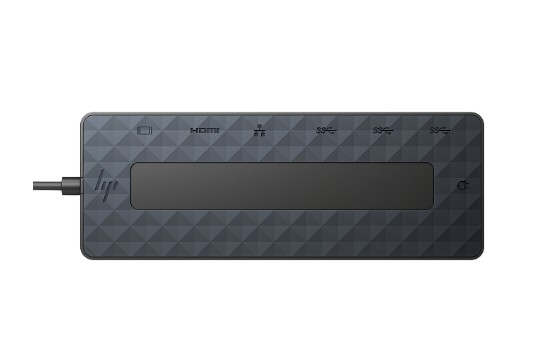 Beyaz zemin üzerinde, HDMI ve USB dahil olmak üzere birden fazla bağlantı noktasına sahip koyu gri bir HP yerleştirme istasyonu.