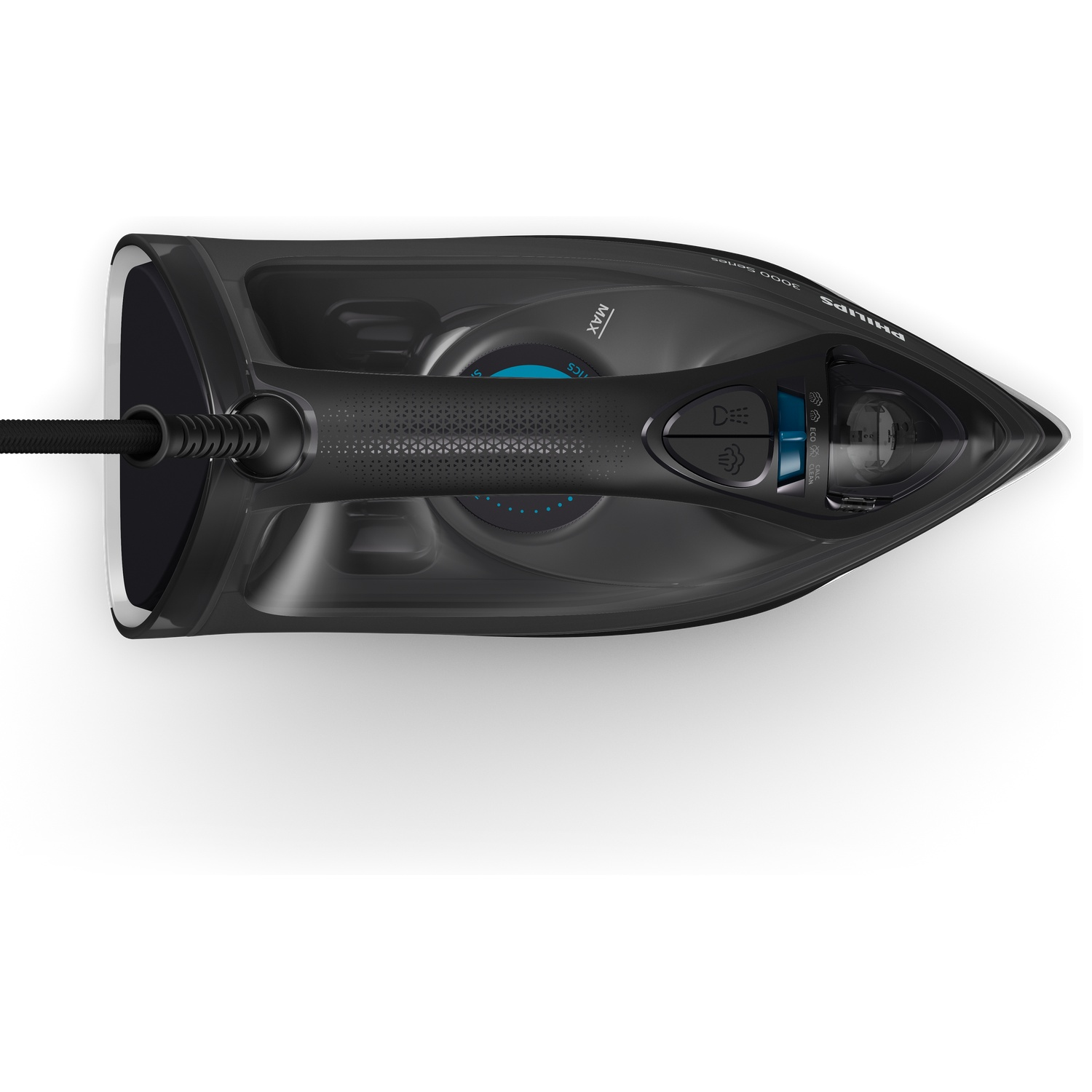 Top view of a black Philips iron on a white background. The iron has a control panel, a water tank, and a power cord.