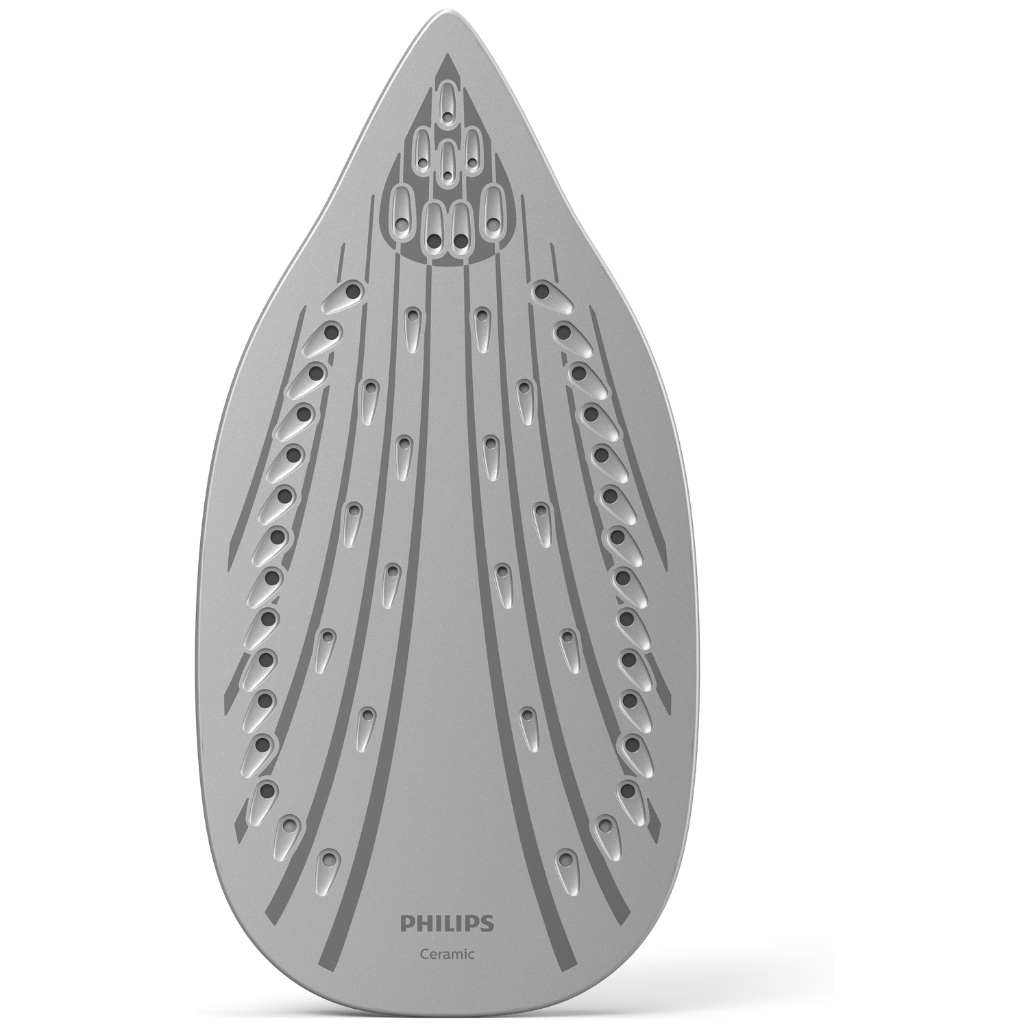 Close-up of a gray Philips iron soleplate. It has holes and ridges, with the brand name 'PHILIPS Ceramic' at the bottom.