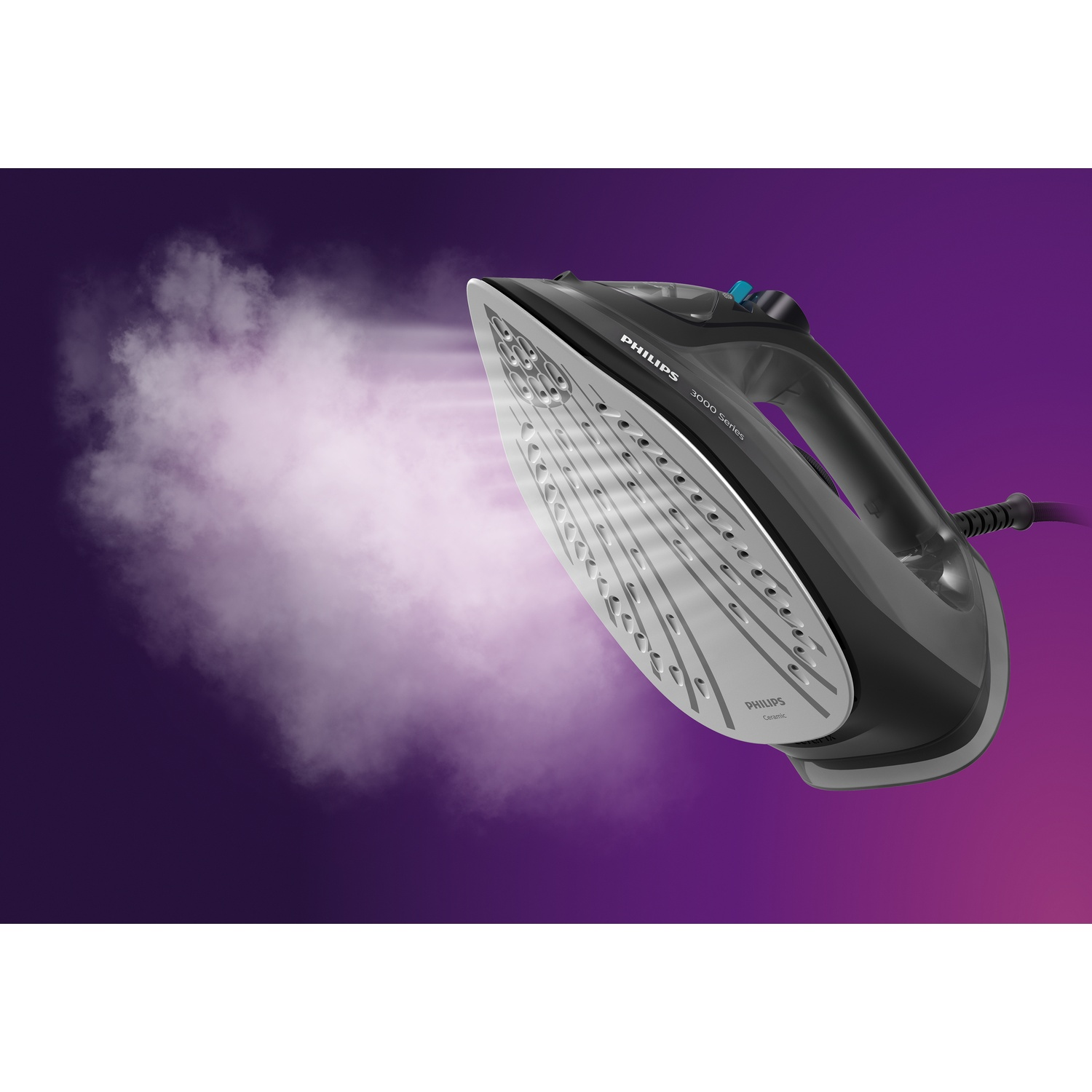 A black Philips iron steaming with white vapor against a purple gradient background.