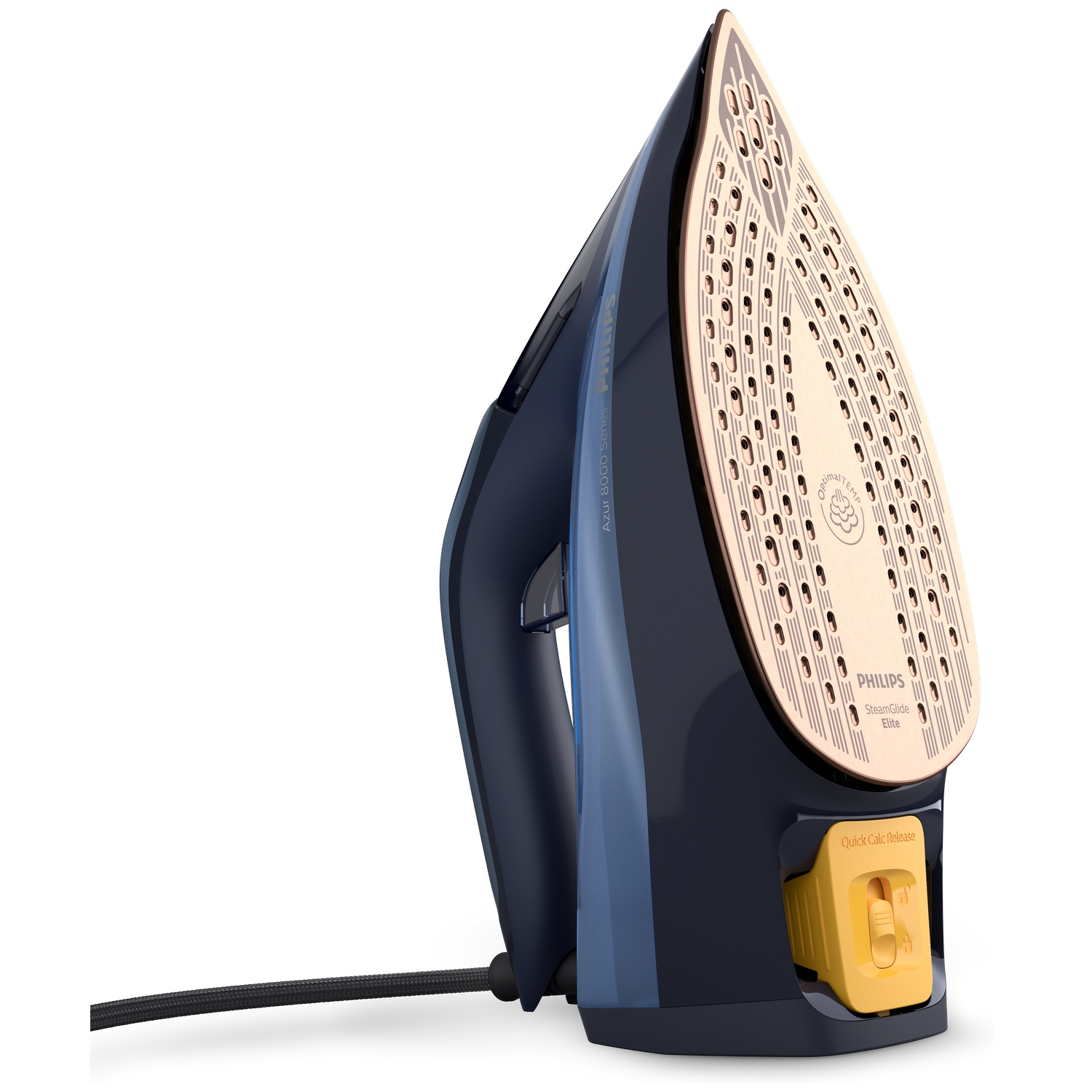 Un fer à repasser Philips bleu foncé. Il a une semelle dorée avec des trous, un bouton de détartrage jaune et un cordon d'alimentation noir.