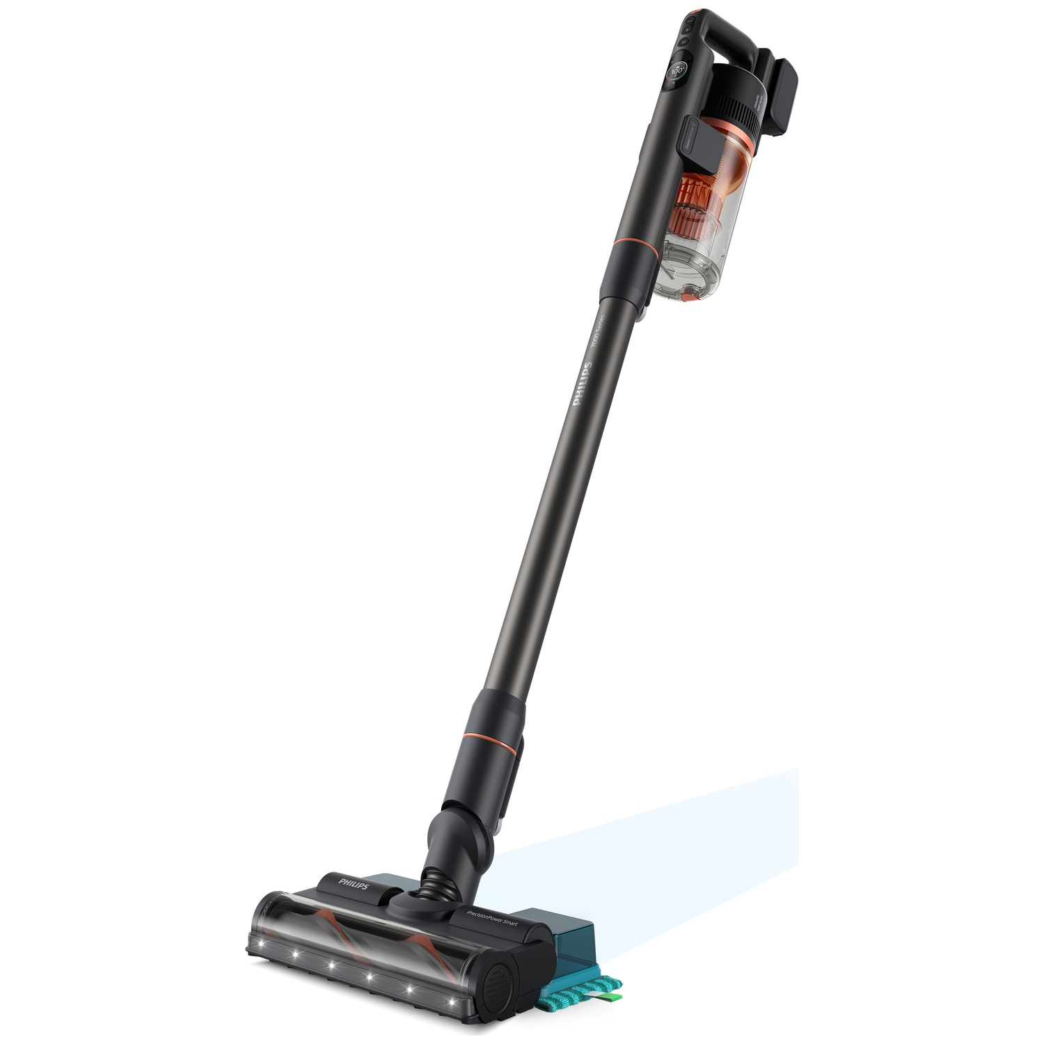 A black and orange Philips cordless vacuum cleaner. It is angled, showing the handle, body, and cleaning head on a white surface.