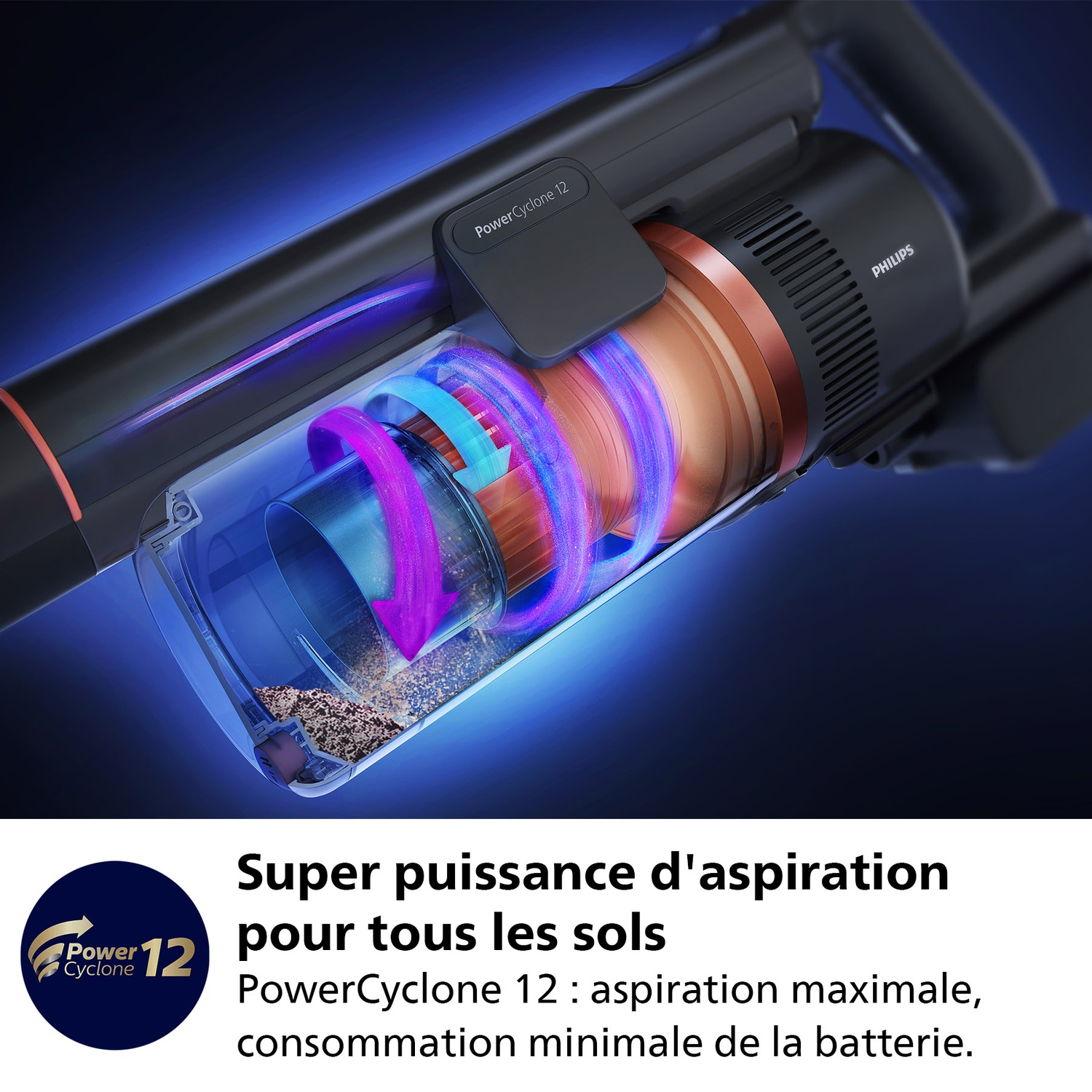 Un aspirateur Philips PowerCyclone 12 noir et cuivre. Des flèches montrent le flux d'air. Le texte dit 'Super puissance pour tous les sols'.