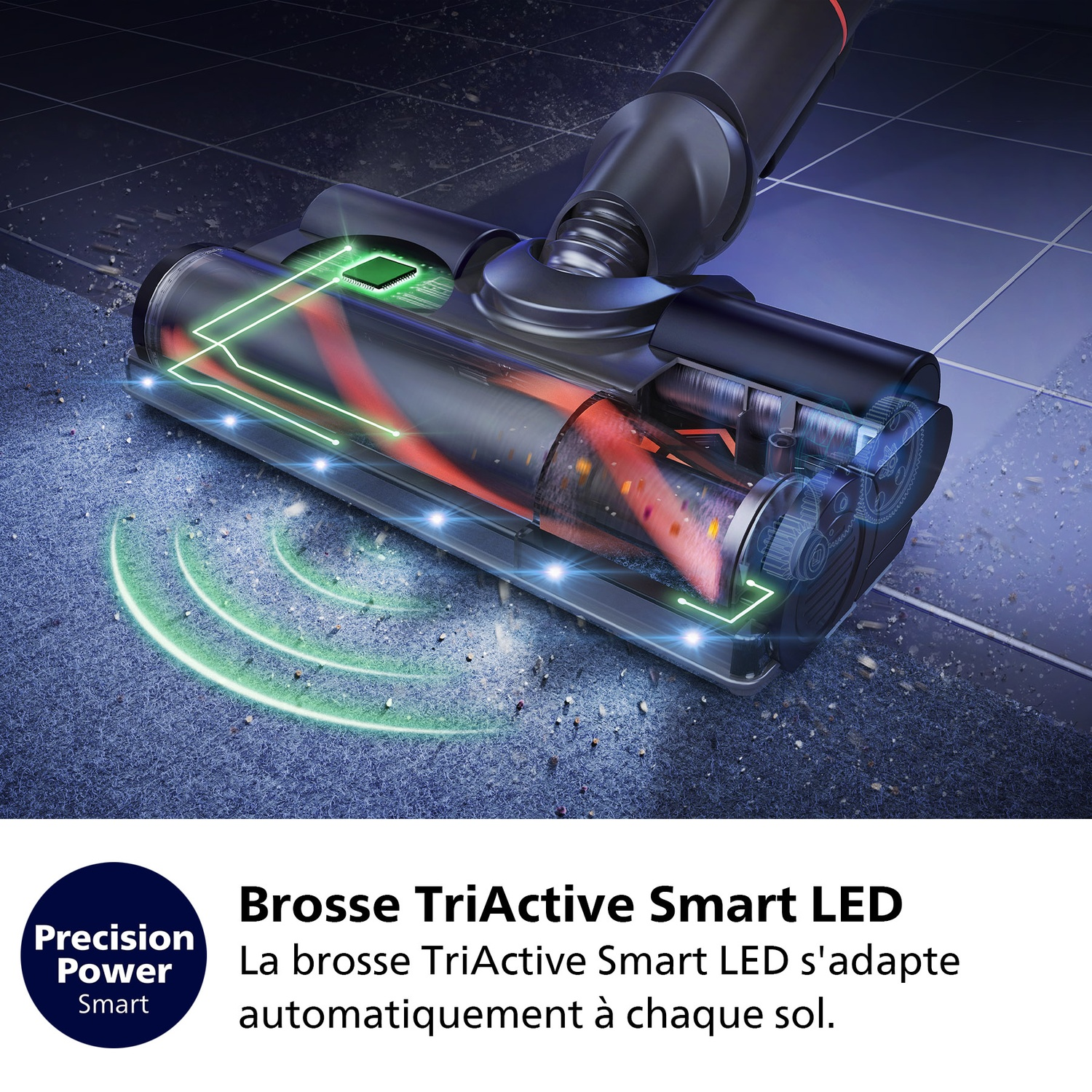 Gros plan d'une tête d'aspirateur avec des lumières LED vertes. C'est sur un sol sombre. Le texte dit 'Brosse TriActive Smart LED'.