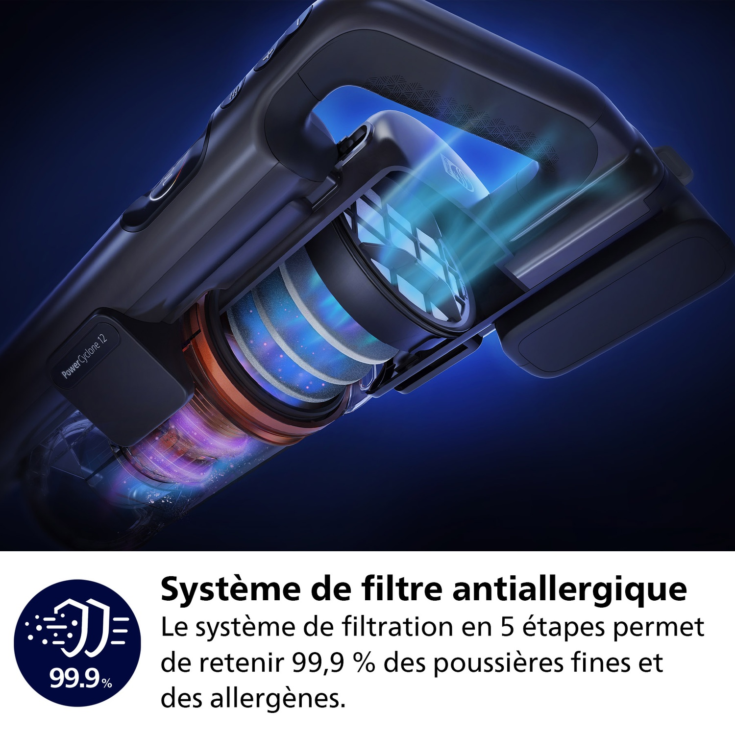Gros plan d'un aspirateur noir et gris avec composants internes visibles. Le texte indique qu'il filtre 99,9% des poussières fines et allergènes.