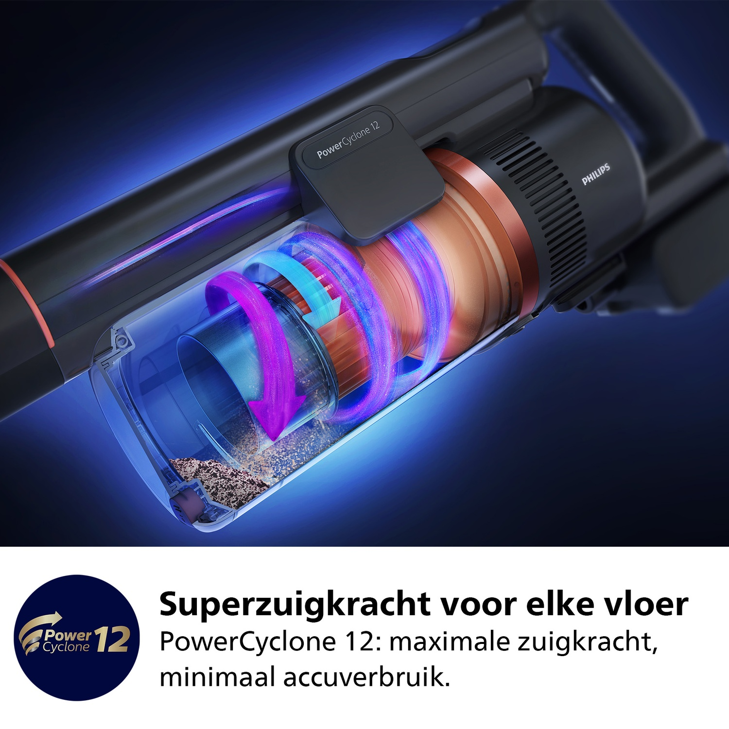 A Philips PowerCyclone 12 vacuum cleaner. It shows internal airflow with arrows, debris, and text: Super suction power for every floor.