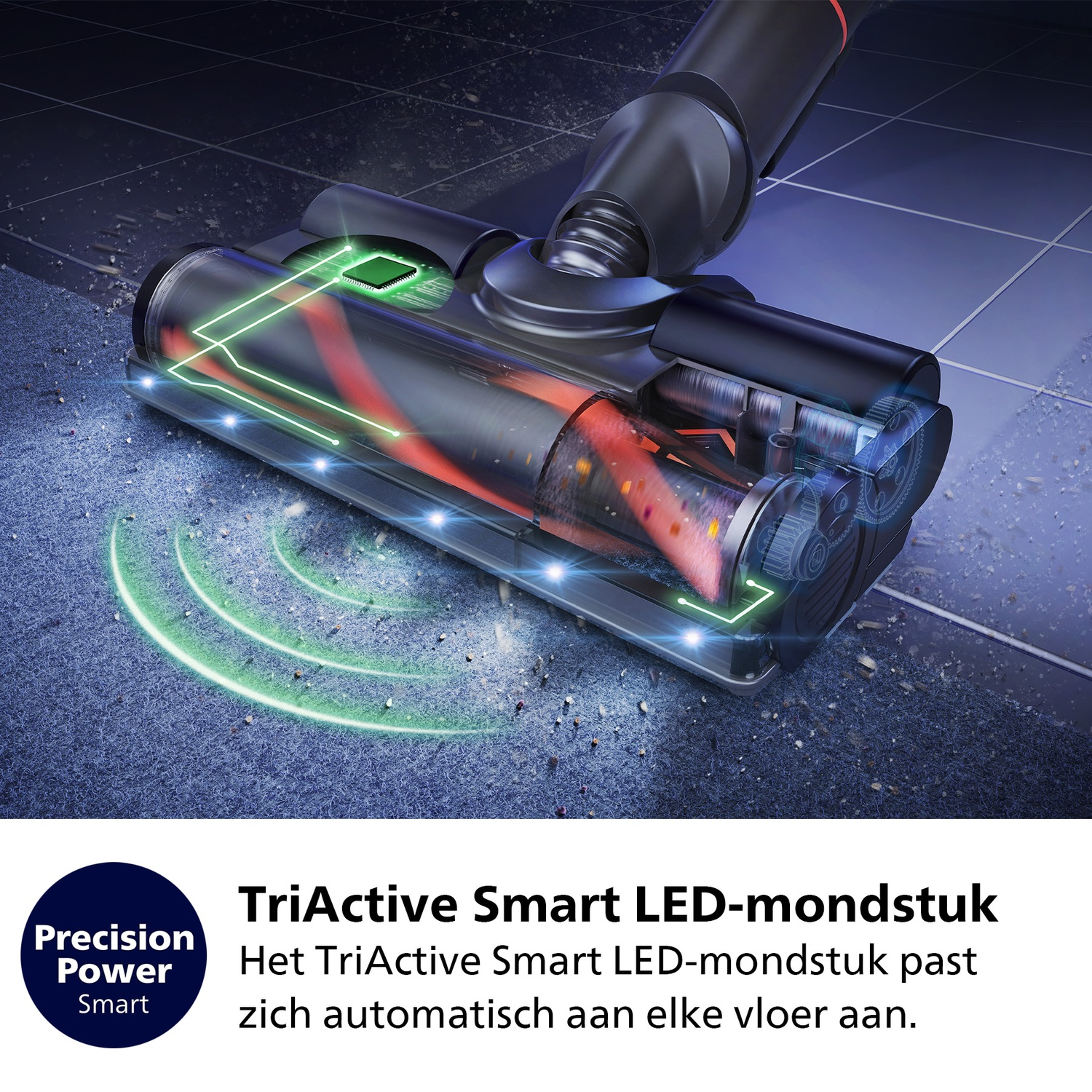 A vacuum cleaner head with LED lights, showcasing internal components. Green lines highlight the technology, over a blue tiled floor.