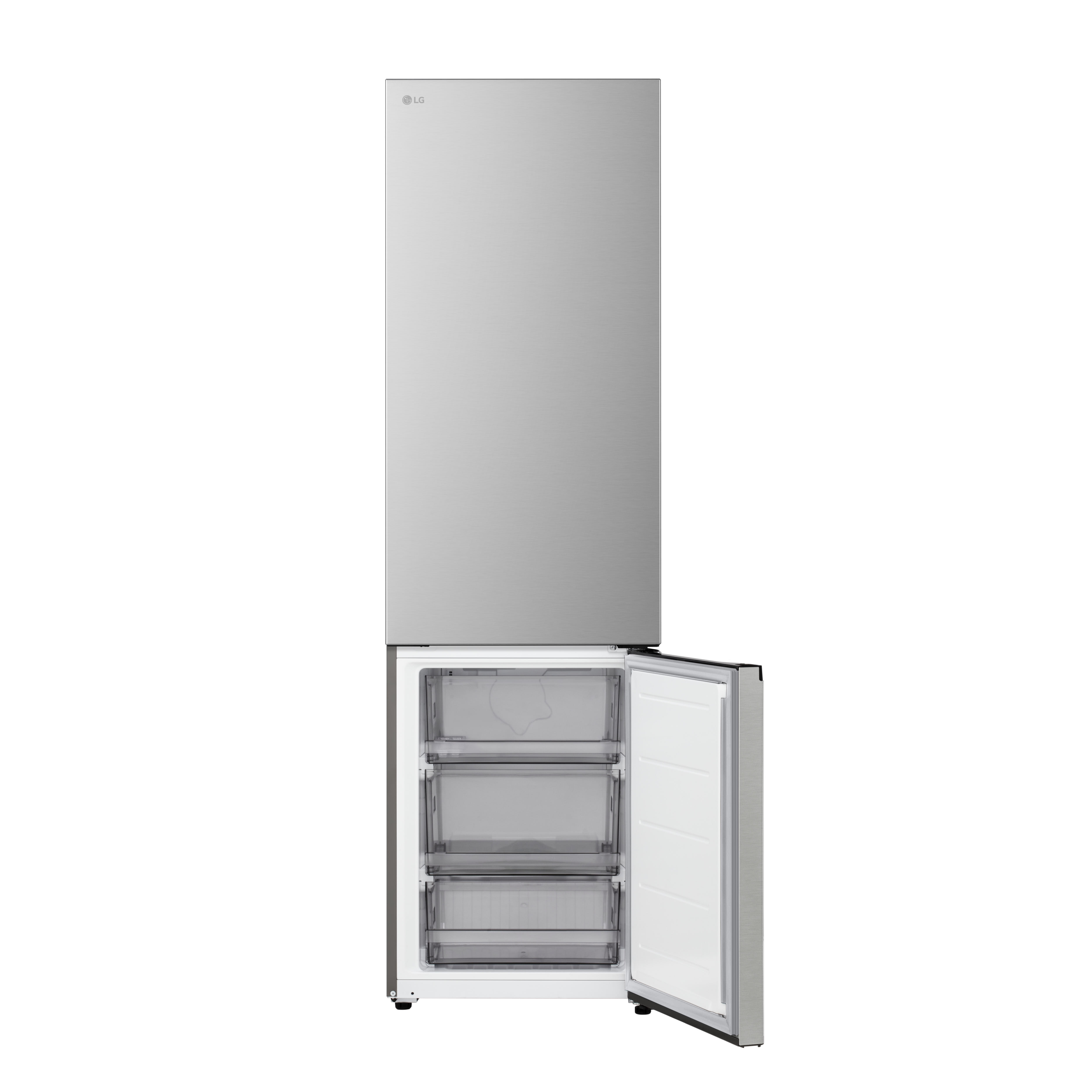 Lodówka LG ze stali nierdzewnej z otwartymi drzwiami zamrażarki, pokazująca szuflady.