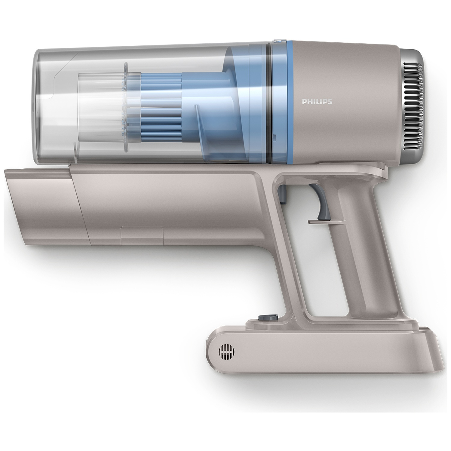 Een beige en blauwe Philips snoerloze stofzuiger. Het staat op een wit oppervlak, met een transparante stofcontainer.