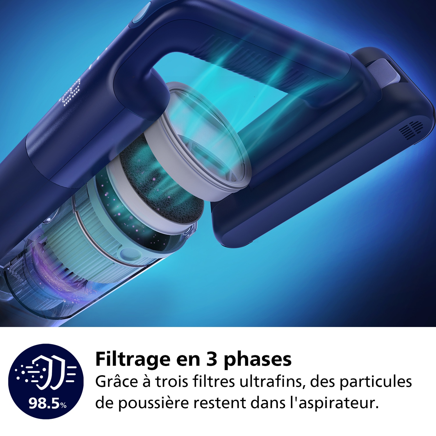 Un aspirateur bleu foncé avec des filtres visibles. Le texte indique une filtration à 98,5%. Le texte dit 'Filtrage en 3 phases'.