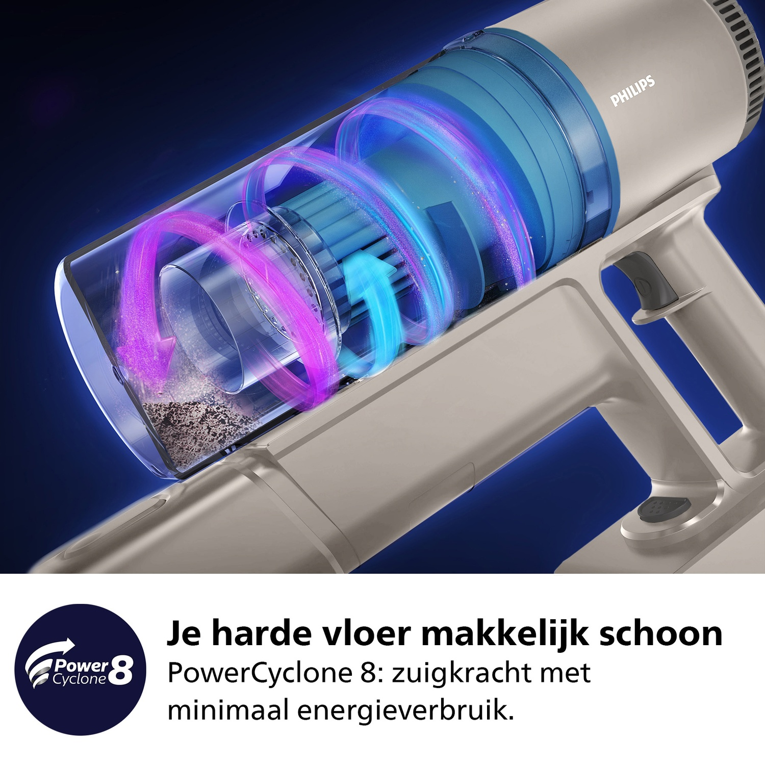 Een beige en blauwe Philips stofzuiger met visualisatie van de luchtstroom. Tekst onderaan: 'Je harde vloer makkelijk schoon'