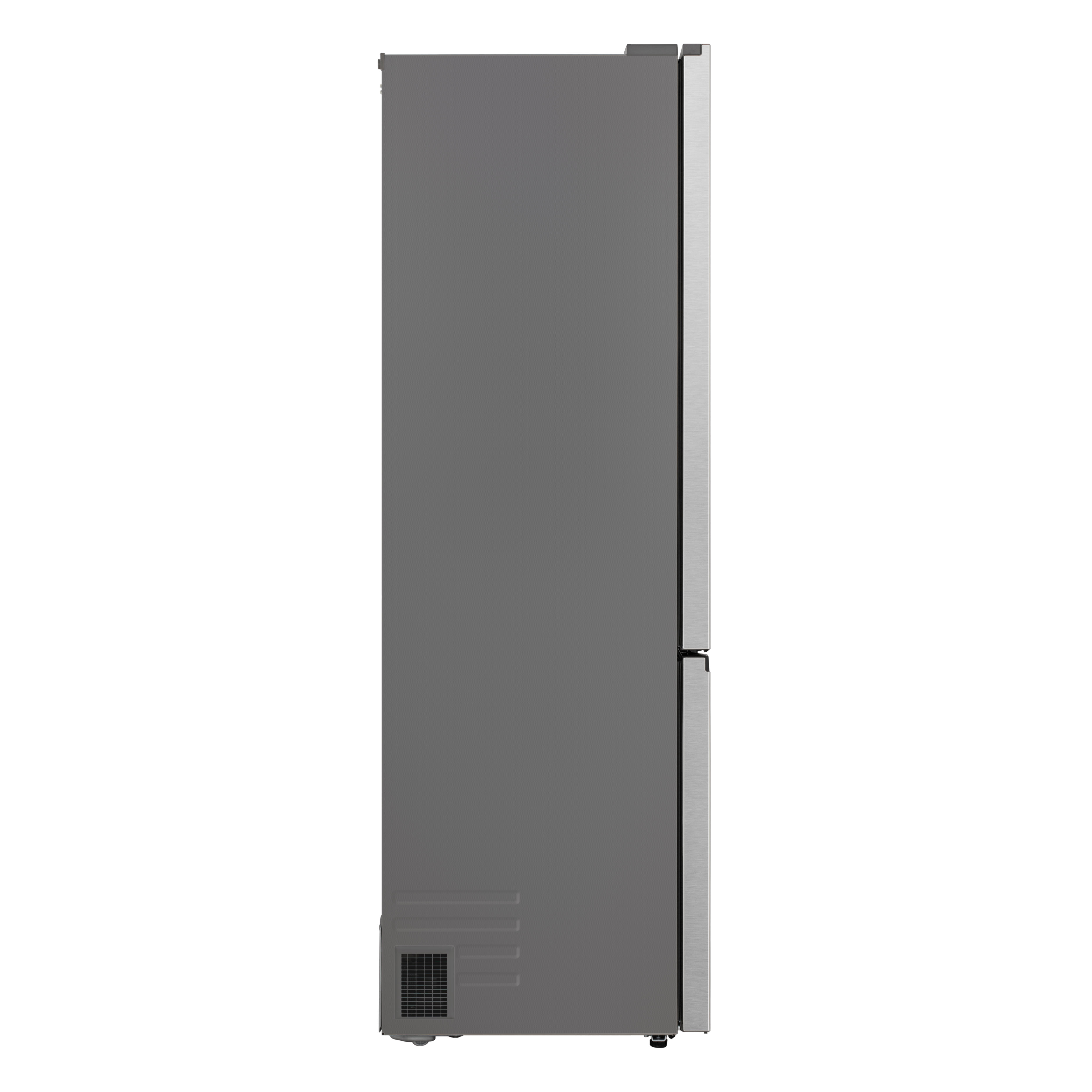 Widok z boku szarej lodówki. Drzwi mają uchwyt i znajdują się po prawej stronie.