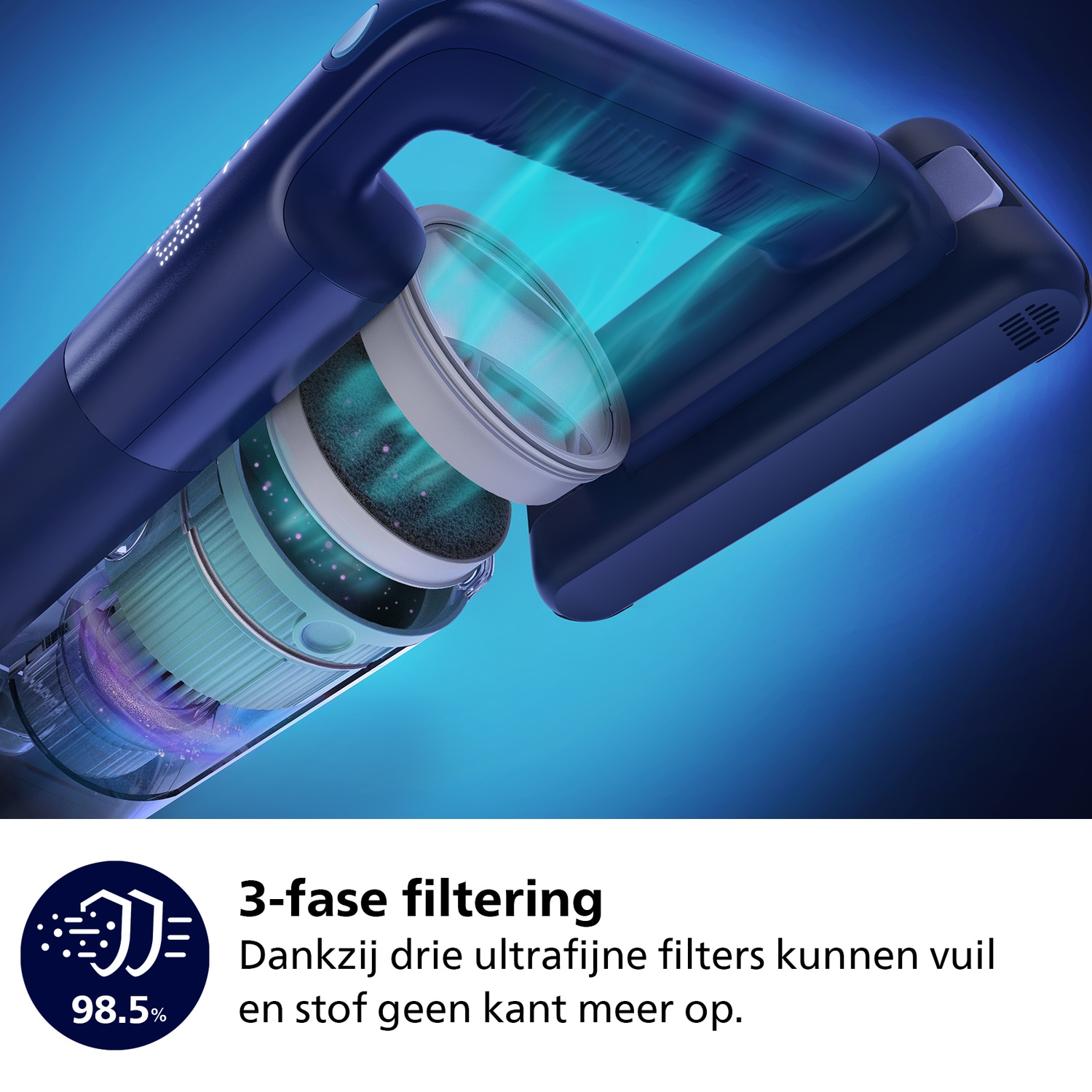 Een donkerblauwe stofzuiger met zichtbare filters. Tekst luidt '3-fase filtering' en '98,5%'. De afbeelding toont het reinigingsproces.