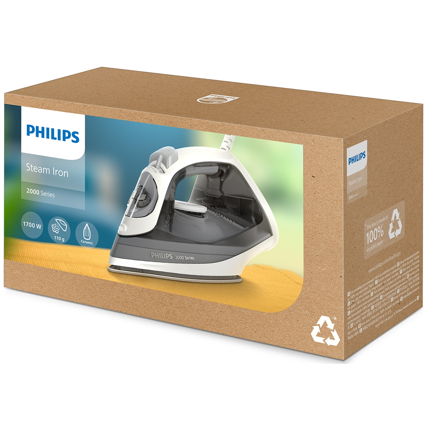 Een Philips stoomstrijkijzer in de kartonnen verpakking. De doos toont het strijkijzer en details ervan.