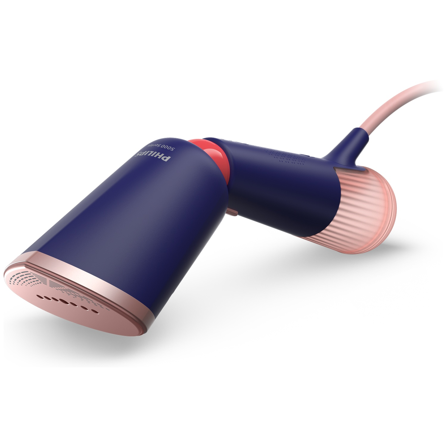 A Philips handheld steamer. It has a navy body, a rose gold trim, and a pink handle. It is on a white background.
