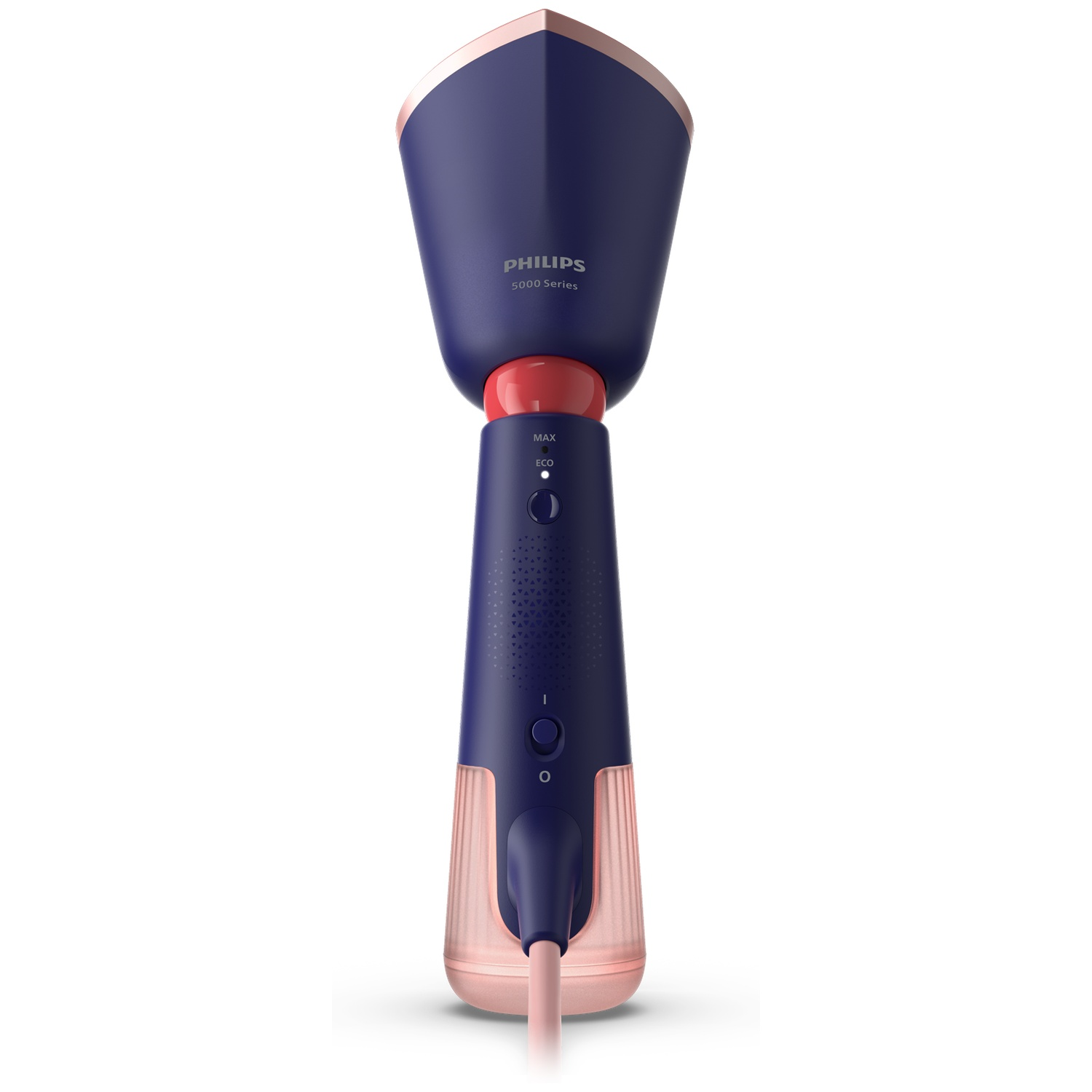 A blue and rose gold Philips 5000 series garment steamer. Features include MAX/ECO settings and an on/off button.