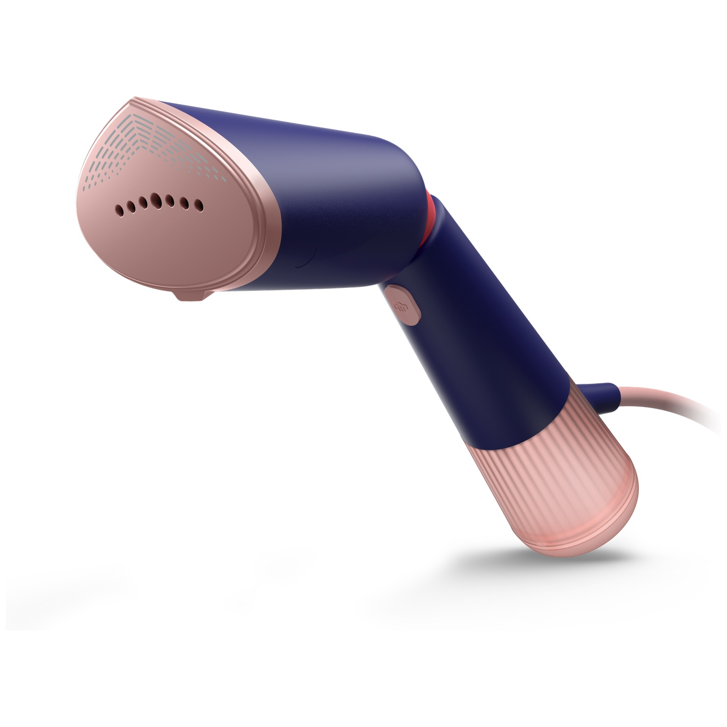 A handheld clothing steamer. It has a navy blue body with rose gold accents and a cord. The background is white.