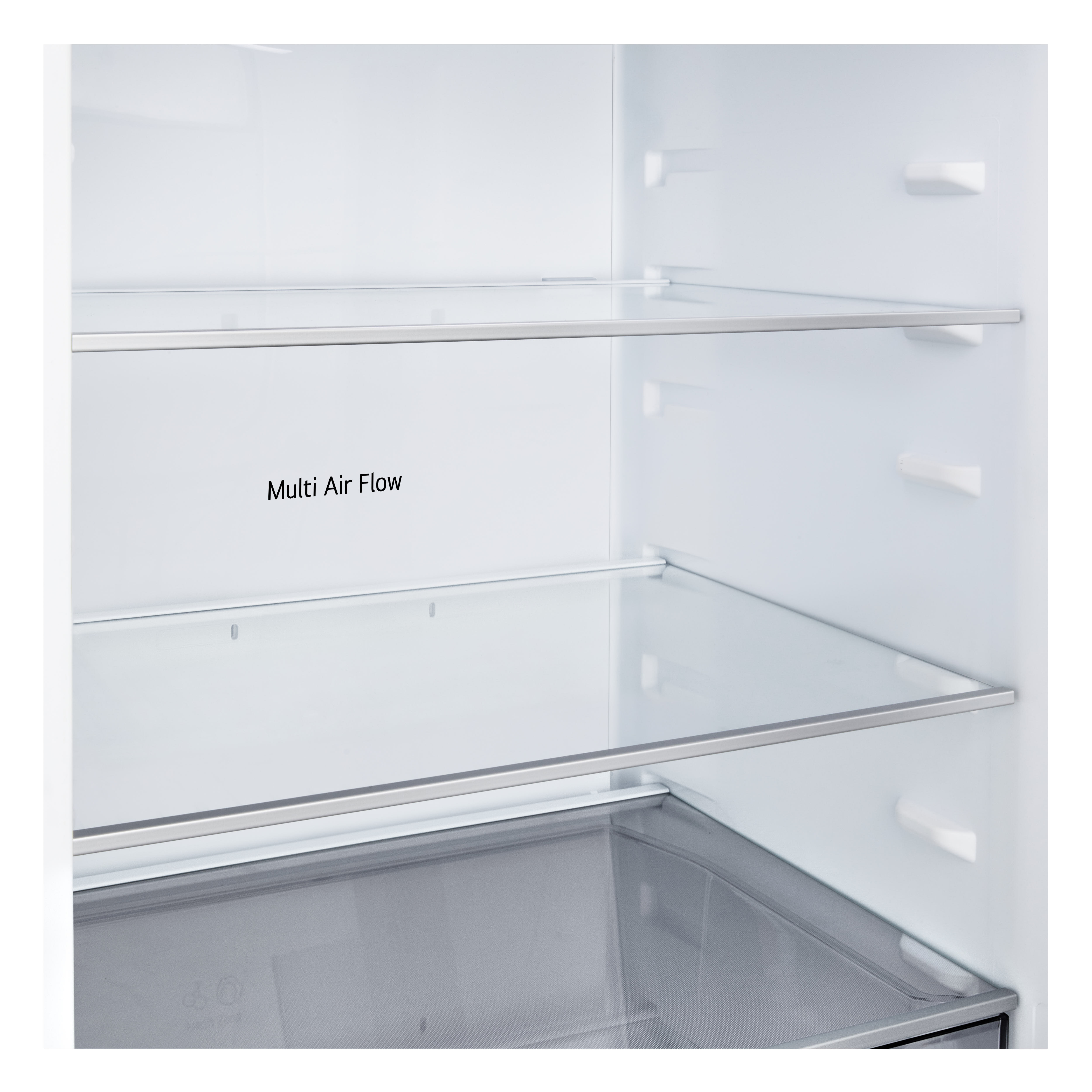 Wnętrze lodówki, pokazujące półki i szufladę na warzywa. Widoczne są słowa 'Multi Air Flow'.