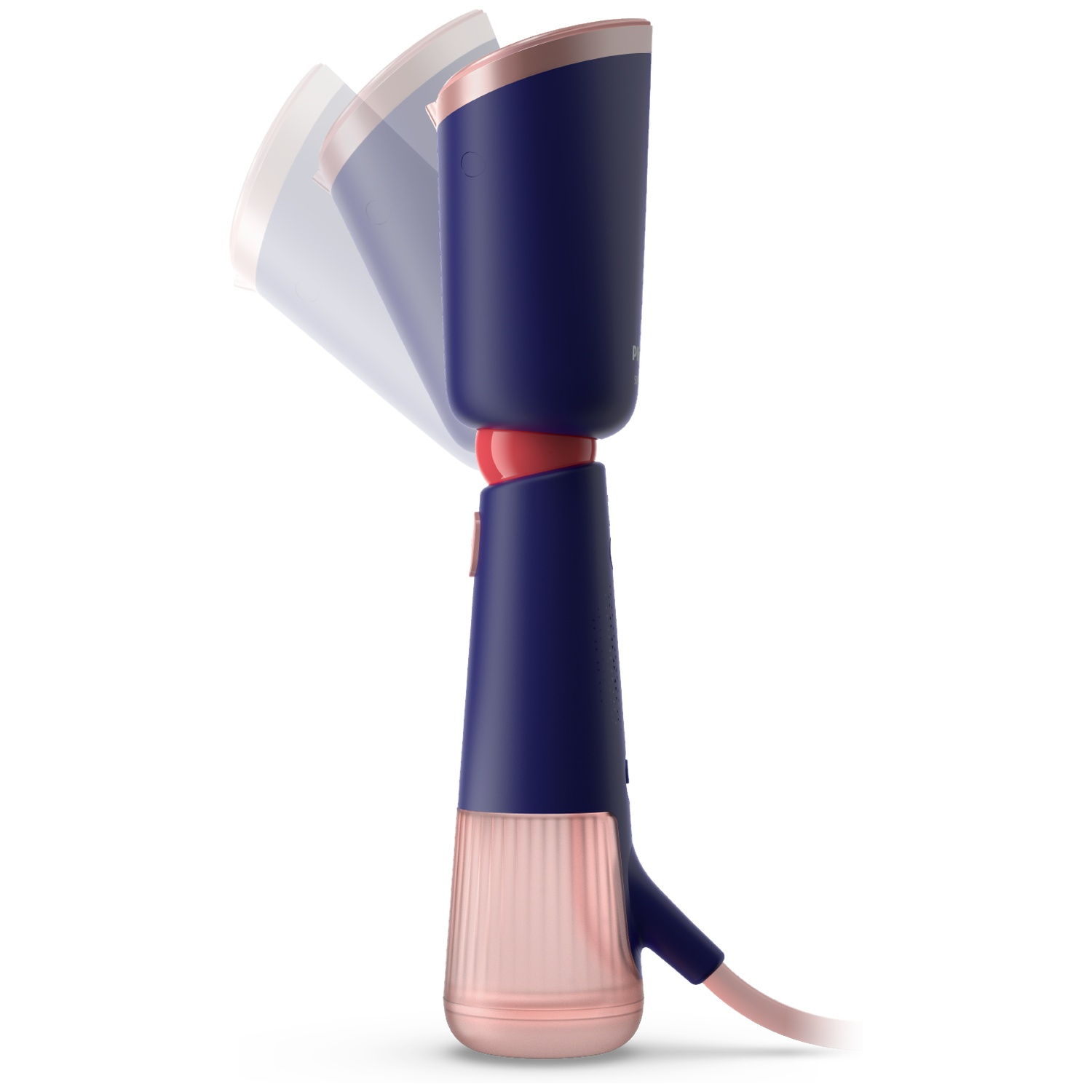 A handheld clothing steamer. It is navy blue with rose gold accents and a pink power cord, with steam effect.