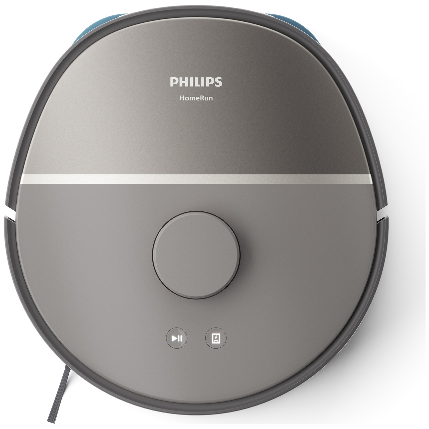 A Philips HomeRun robot vacuum cleaner. It is gray, circular, with the brand name on top. Has a control button and a charging indicator.