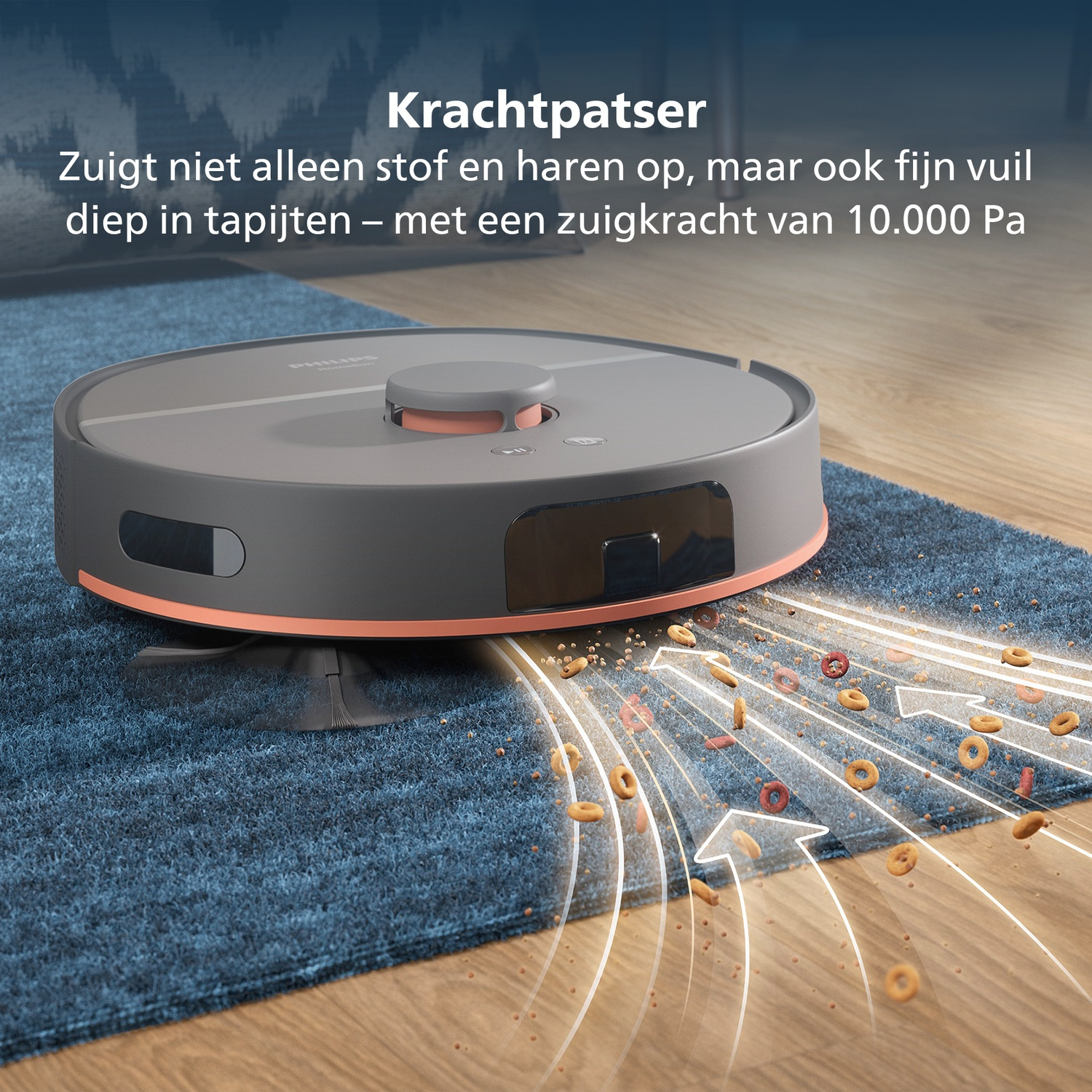 A robot vacuum cleaner on a blue carpet, sucking up debris. Arrows show the path of suction. The floor is wooden.