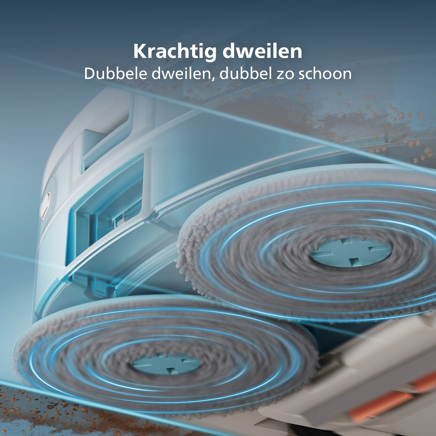Close-up of a cleaning robot's rotating mops. The robot is white and gray, with blue accents. The mops are gray and the floor is dirty.