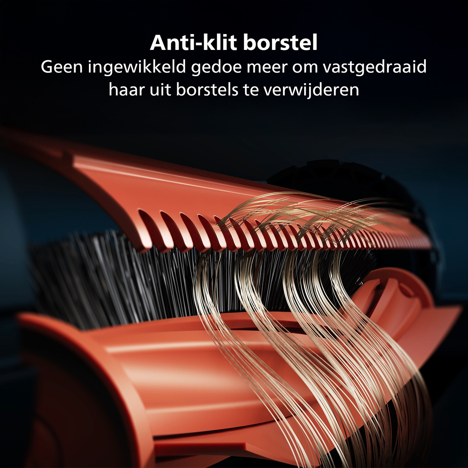 An orange anti-tangle brush with black bristles and strands of hair. Text: Anti-tangle brush. No more hassle removing tangled hair.