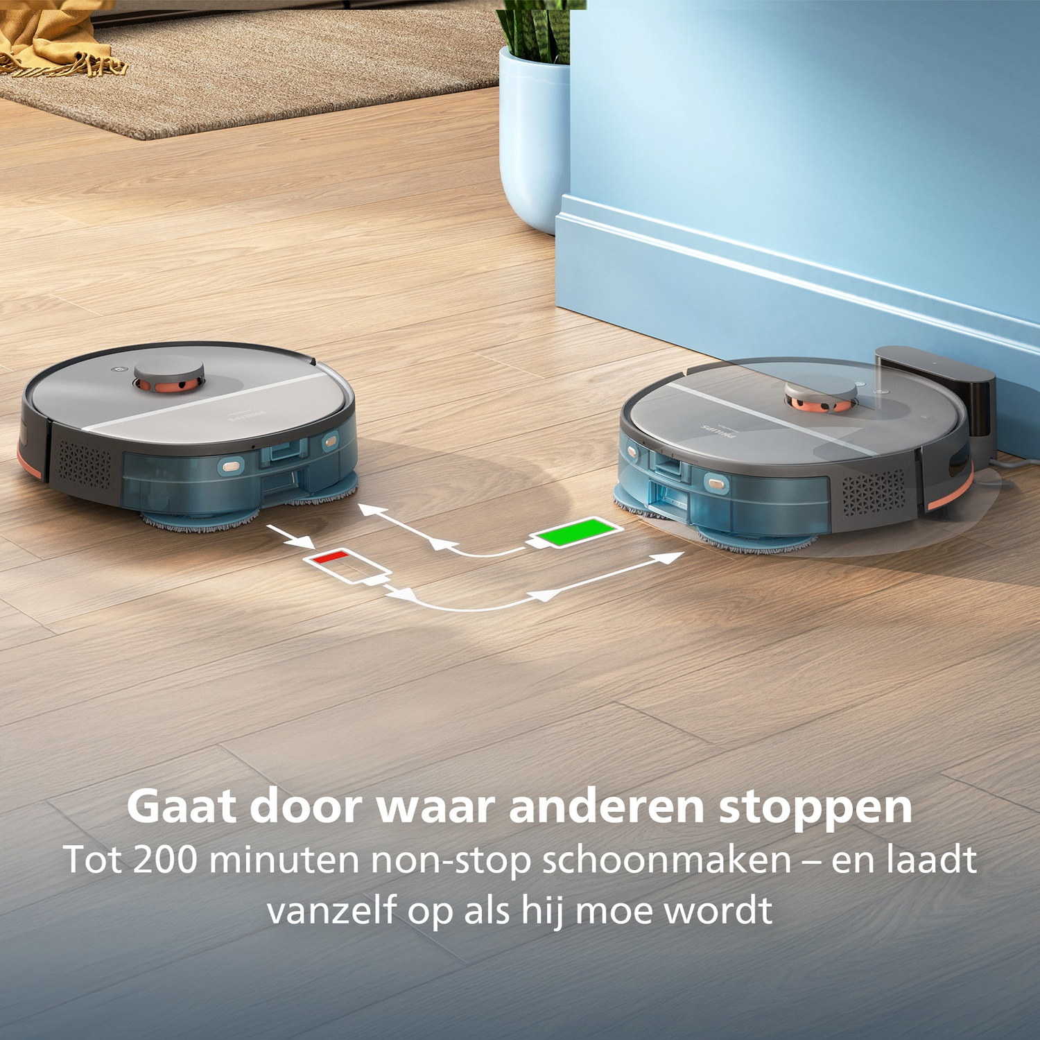 Two robotic vacuums on wooden floor, one charging. Text: Goes where others stop. Cleans for 200 minutes.