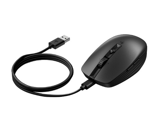 USB kablolu siyah bir bilgisayar faresi. Farede kaydırma tekerleği ve düğmeler var. Kablo sarılı.